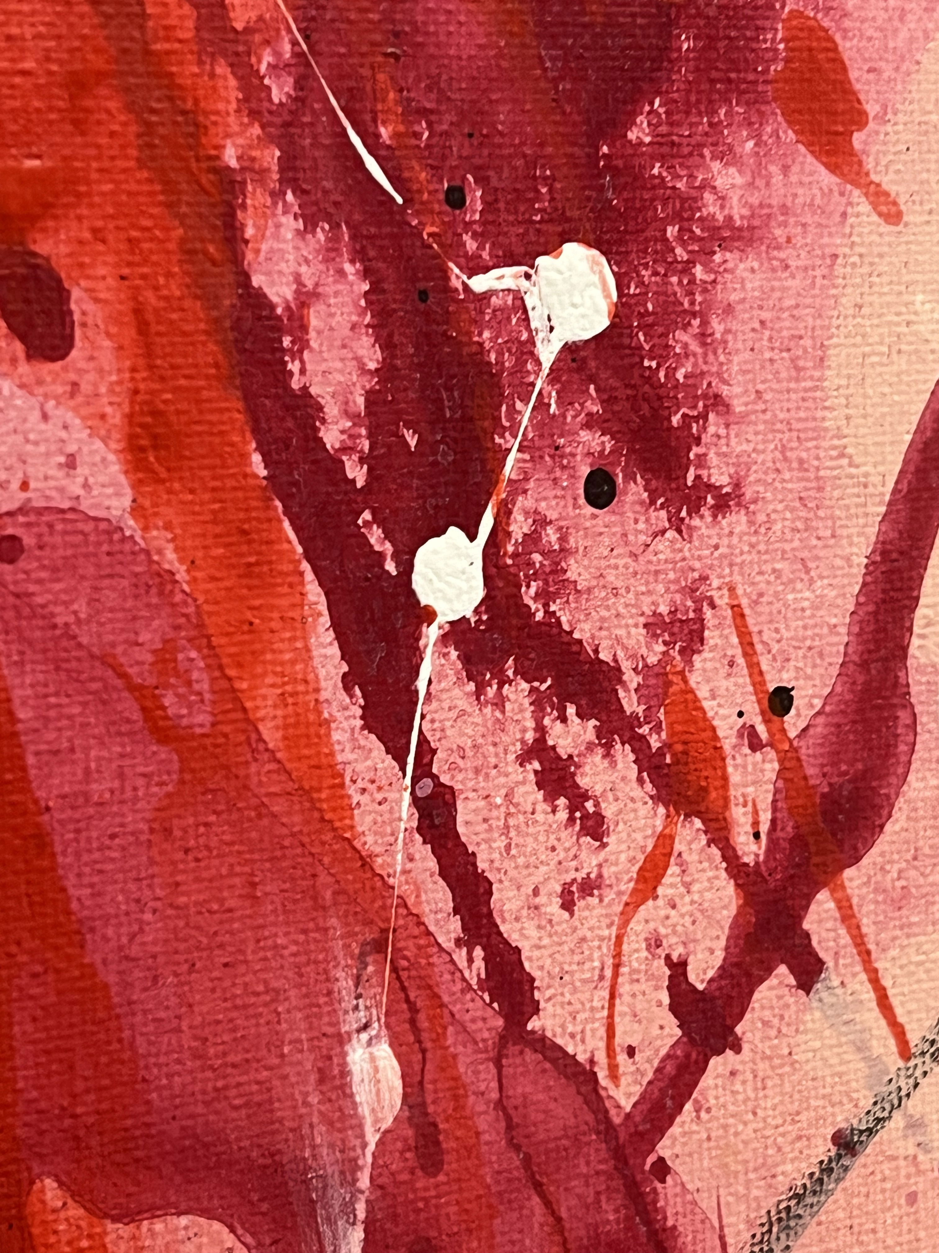 Vibrant crimson hues collide with streaks of black and white, forming an abstract tumult. The acrylic on canvas artwork emanates emotion, chaos, and ethereal fluidity. Artwork style - Abstrakt and technique Acryl auf Leinwand.