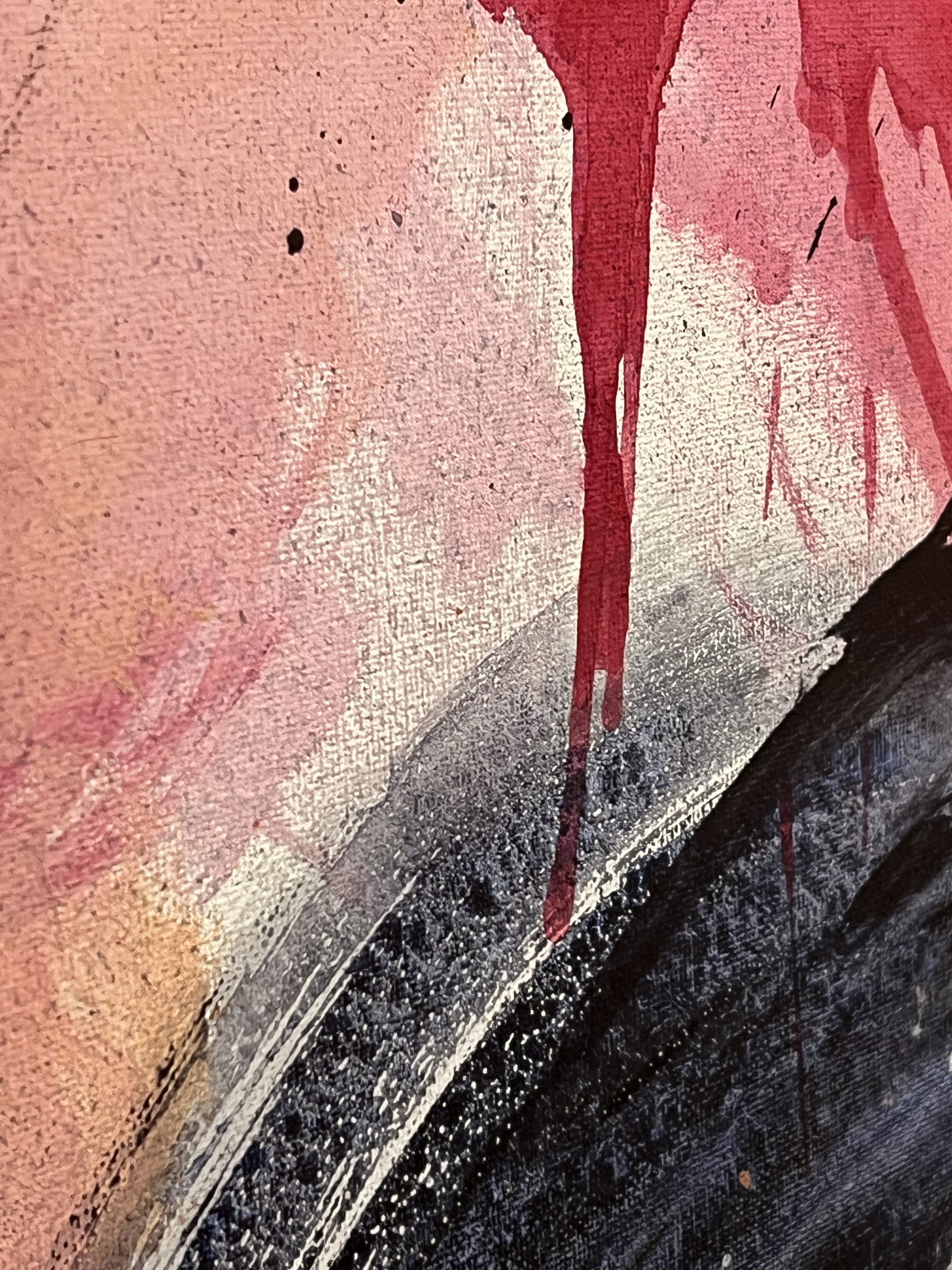 Acrylic on canvas abstract piece featuring chaotic crimson splatters, intense textures, and dynamic black swirls. It evokes powerful emotions amidst turmoil and fluid movement. Artwork style - Abstrakt and technique Acryl auf Leinwand.