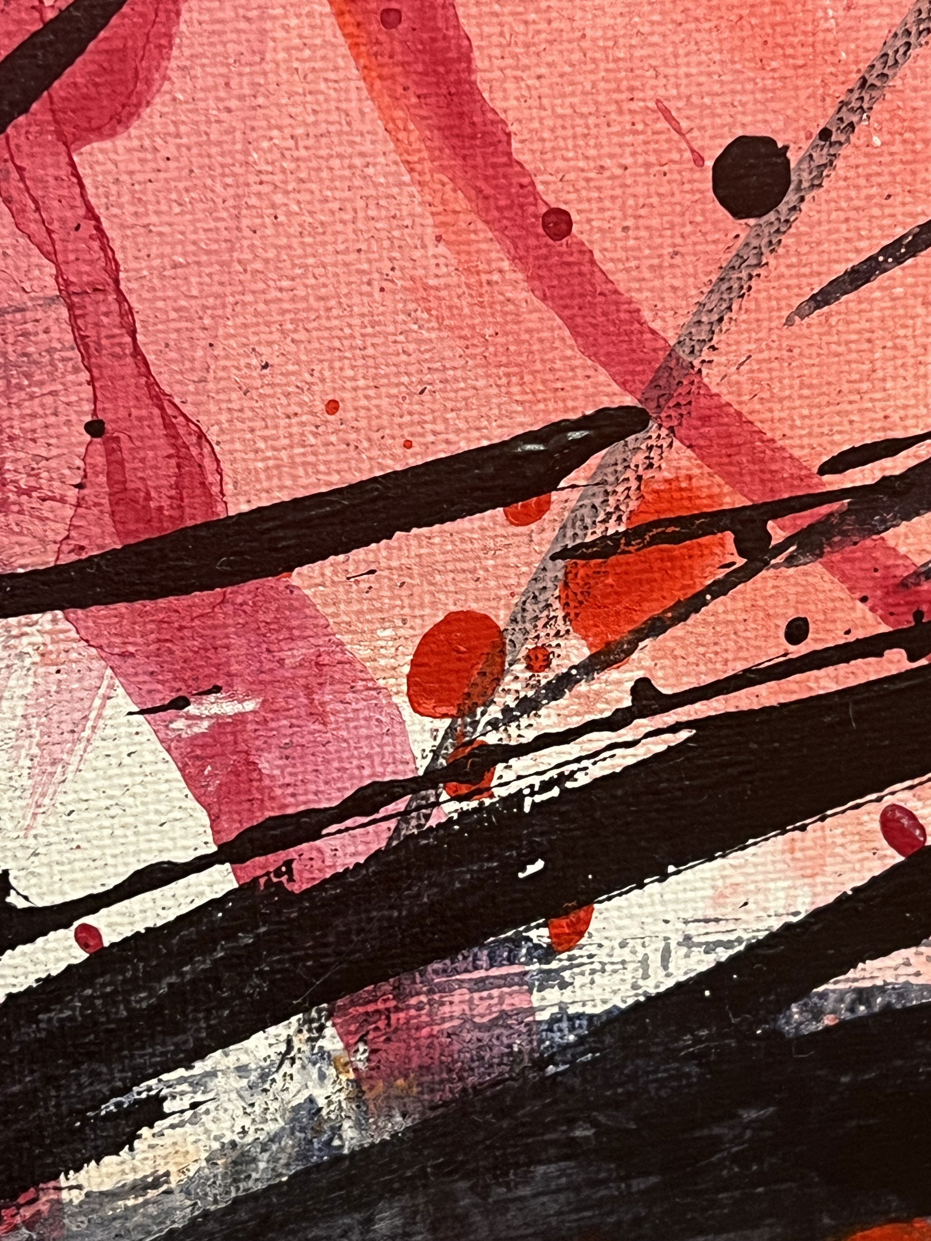 Abstract acrylic on canvas bursting with crimson and black splatters, vibrant streaks, and swirling chaos, evoking dynamic emotion, movement, and fluid textures. Artwork style - Abstrakt and technique Acryl auf Leinwand.