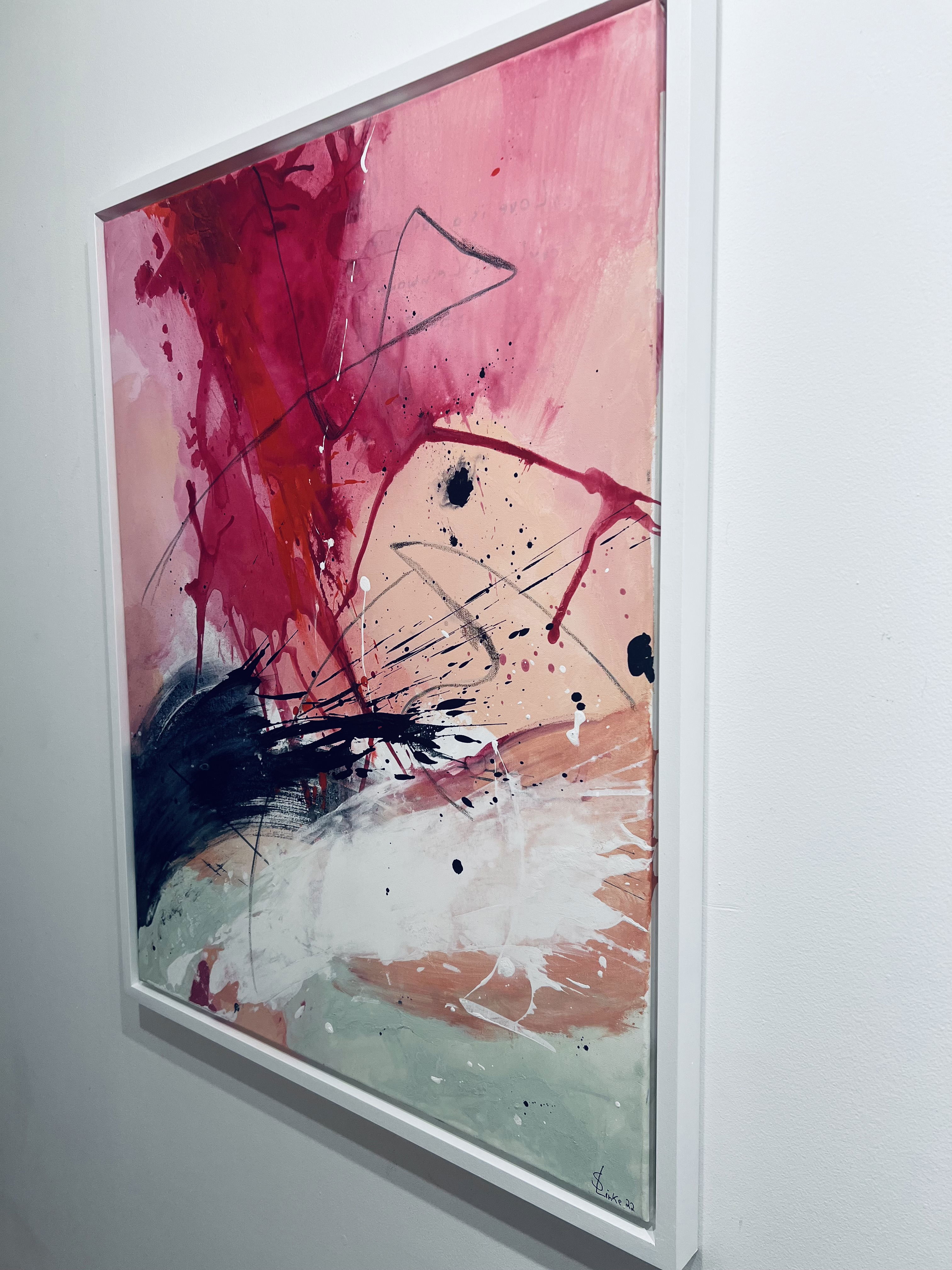 Acrylic abstract on canvas showcasing a harmonious imbalance with splatters of crimson and black, exuding fluidity and dynamism, embodying chaos and ethereal movement. Artwork style - Abstrakt and technique Acryl auf Leinwand.