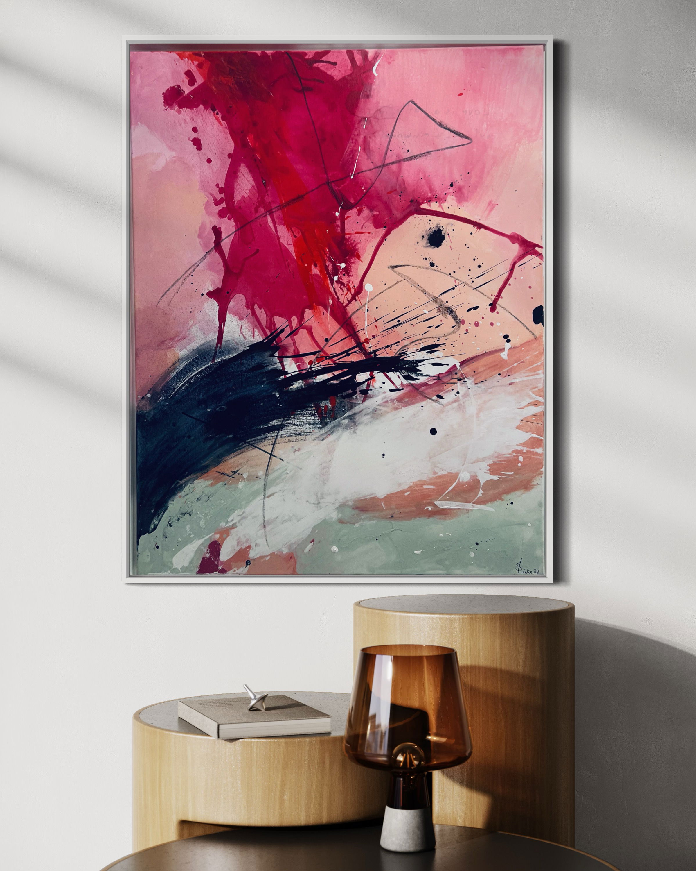 A dynamic abstract acrylic painting on canvas featuring vibrant splatters and sweeping streaks of crimson and black, conveying emotion and movement amidst chaotic harmony. Artwork style - Abstrakt and technique Acryl auf Leinwand.