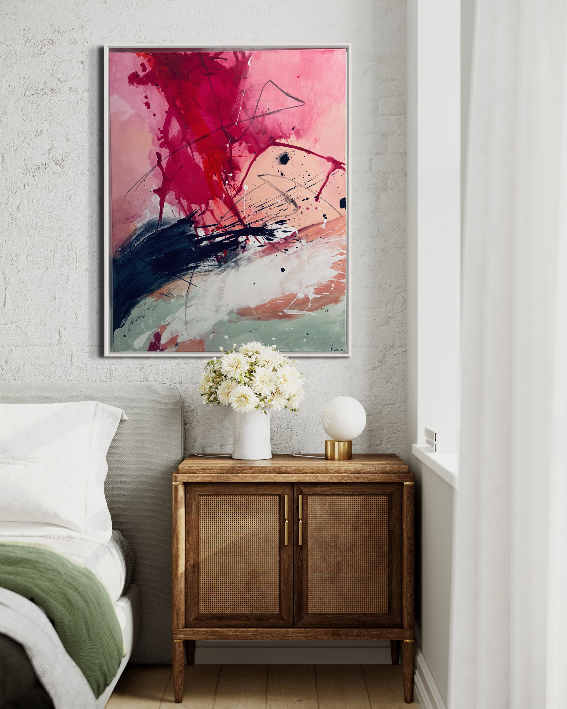 Abstract acrylic on canvas artwork, steeped in chaos and emotion, with dynamic splatters of crimson and black inviting a visual dance of turmoil and harmony. Artwork style - Abstrakt and technique Acryl auf Leinwand.