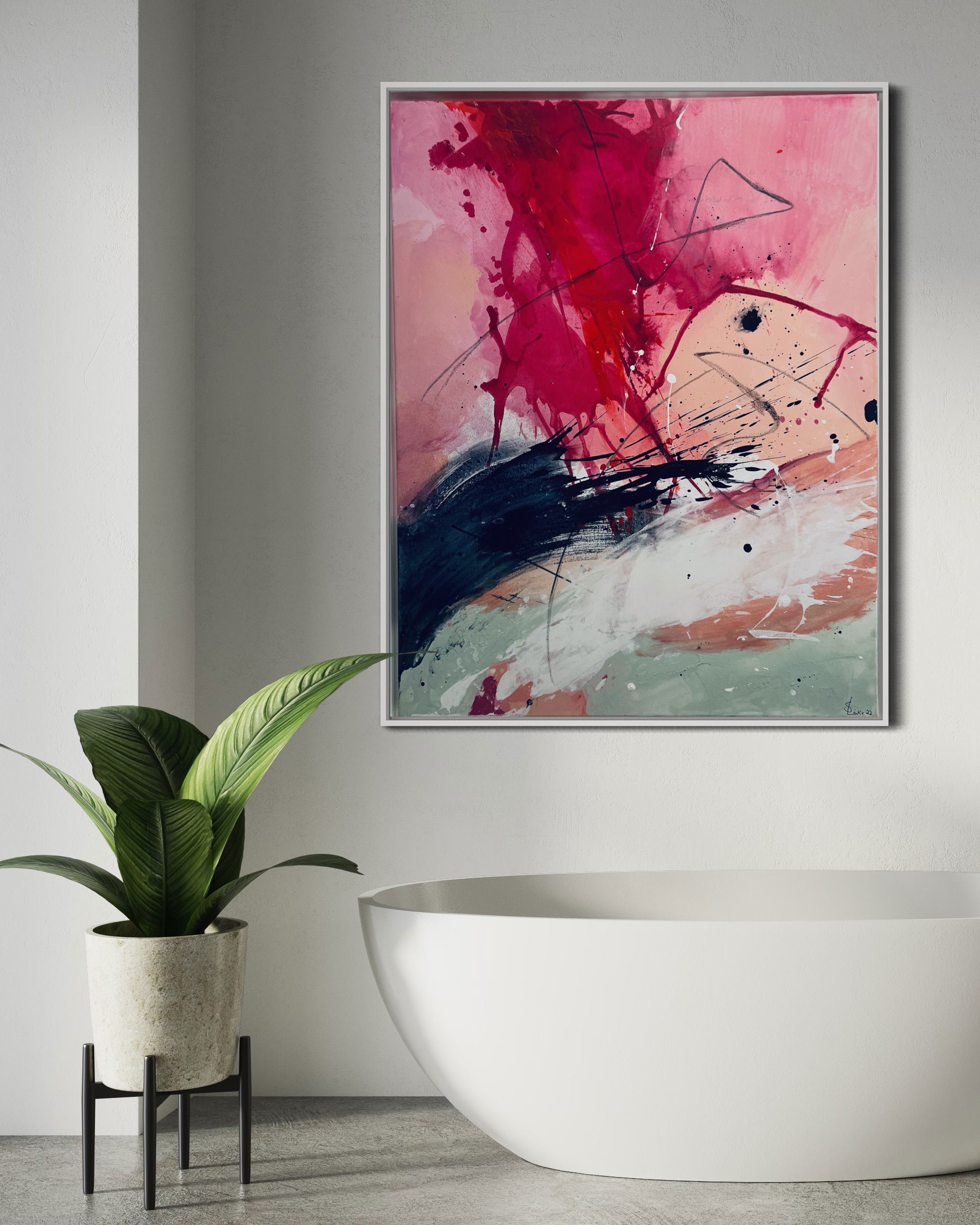 A striking abstract acrylic painting on canvas, rich in vibrant reds and deep blacks, captures a chaotic dance of emotions with splatters and streaks, exuding dynamic fluidity and textured layers. Artwork style - Abstrakt and technique Acryl auf Leinwand.