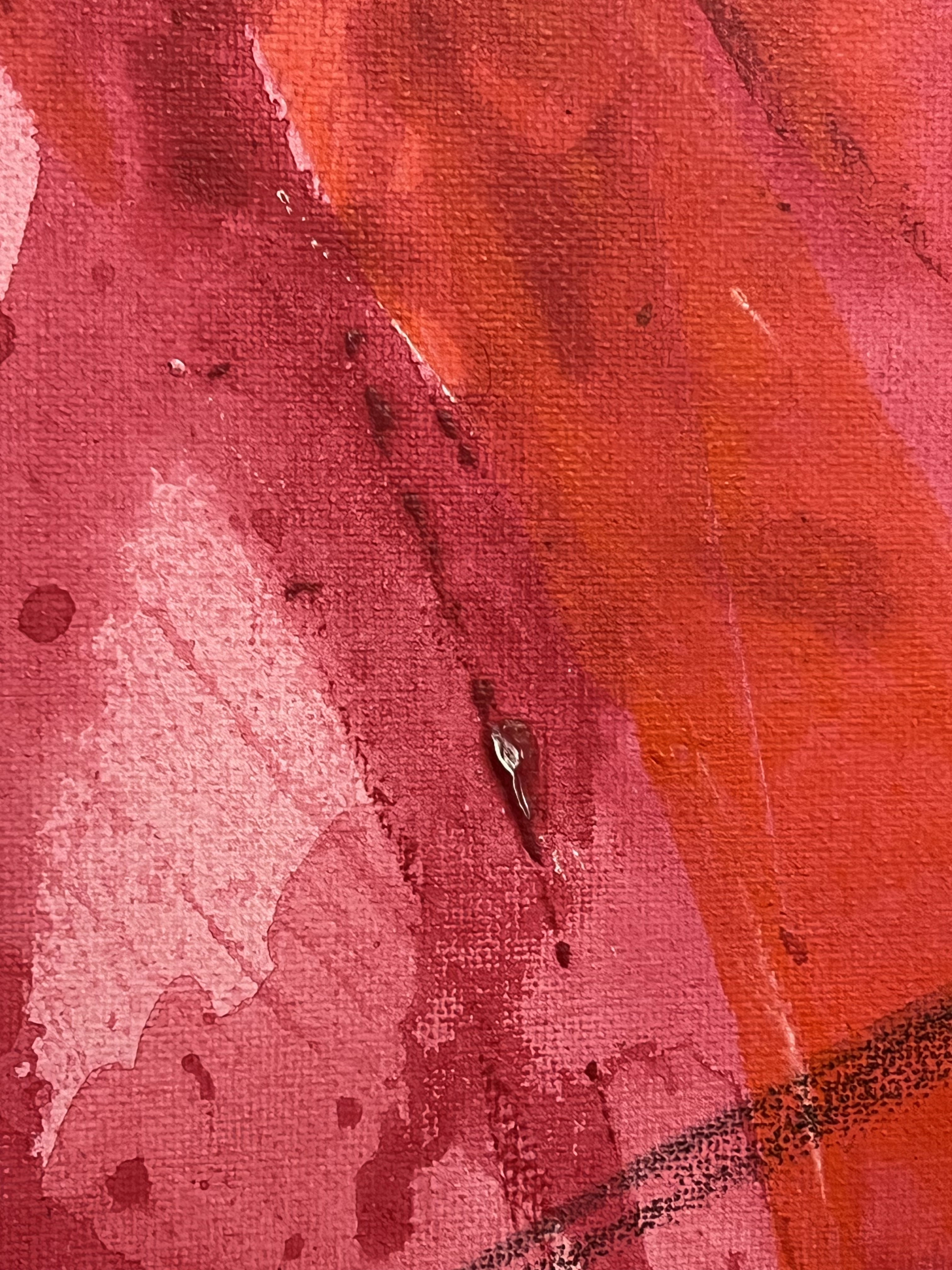 Abstract acrylic painting on canvas, featuring a vibrant collision of crimson and black splatters. Ethereal streaks create a dynamic texture, conveying emotion and chaos. Artwork style - Abstrakt and technique Acryl auf Leinwand.