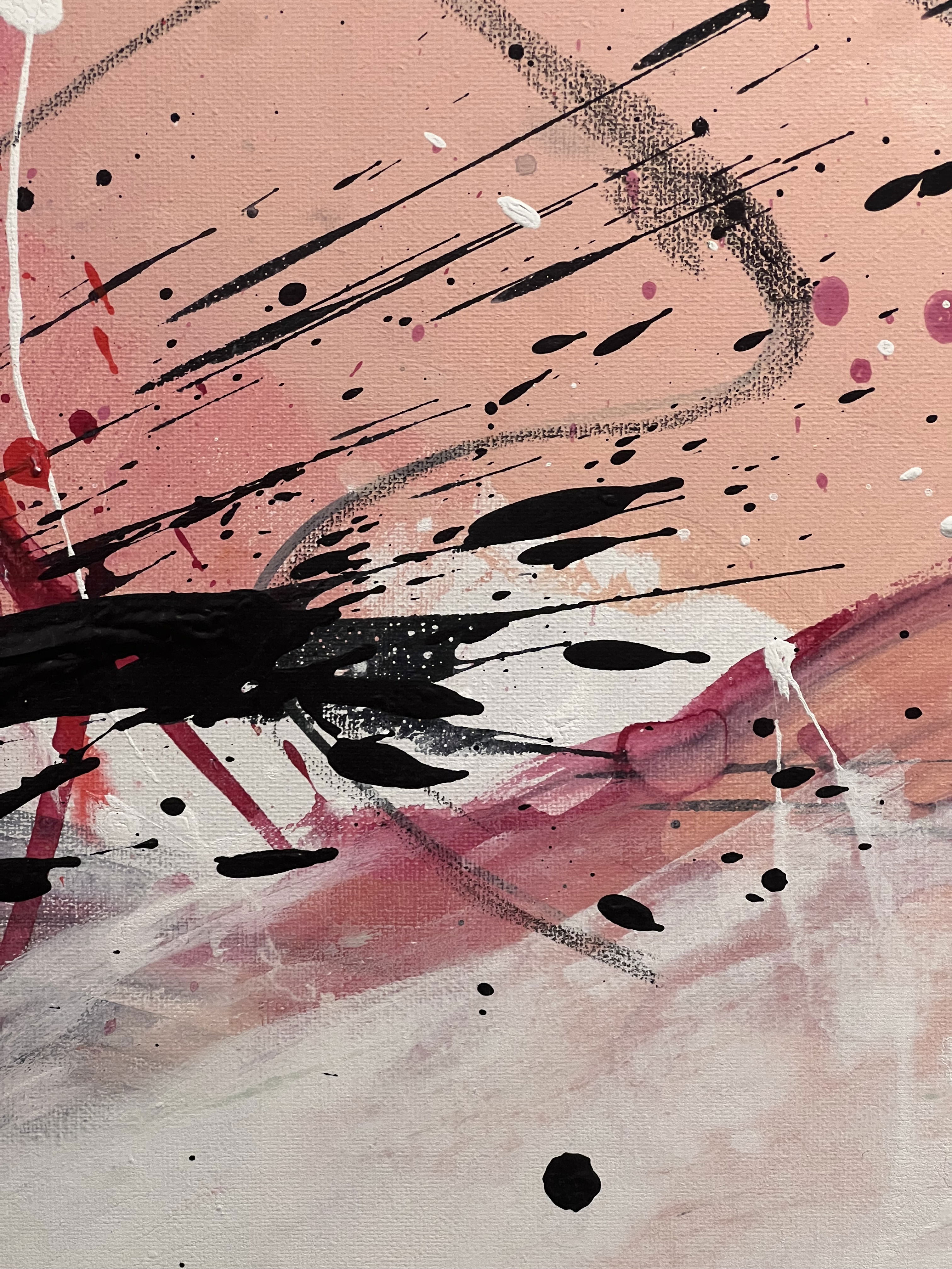 Acrylic on canvas abstract artwork, rich in crimson and black splatters, depicts chaotic yet harmonious fluidity and dynamism, provoking deep emotions and contrasting textures. Artwork style - Abstrakt and technique Acryl auf Leinwand.