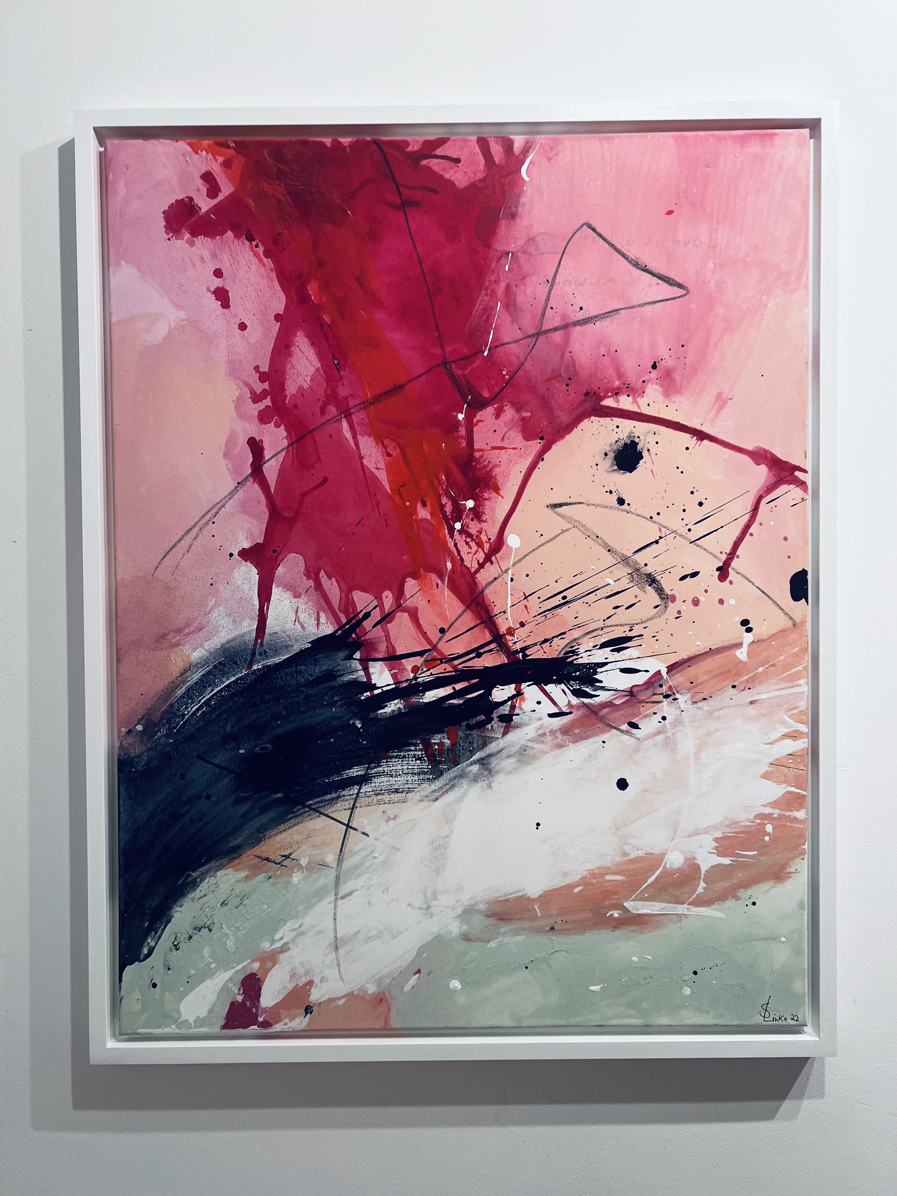 This acrylic abstract on canvas exudes emotional tumult, with splatters of crimson and black clashing amidst dynamic streaks and fluid layers, capturing a vivid dance of chaos and harmony. Artwork style - Abstrakt and technique Acryl auf Leinwand.