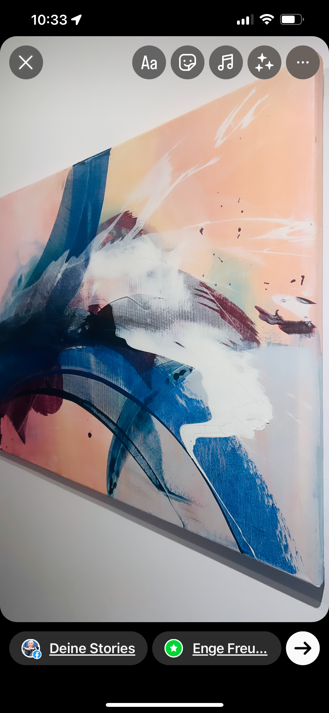 Abstract acrylic canvas art with azure and blush wave gradients, evoking serenity and ethereal fluidity through brushstrokes. Abstrakt style, Acryl auf Leinwand.