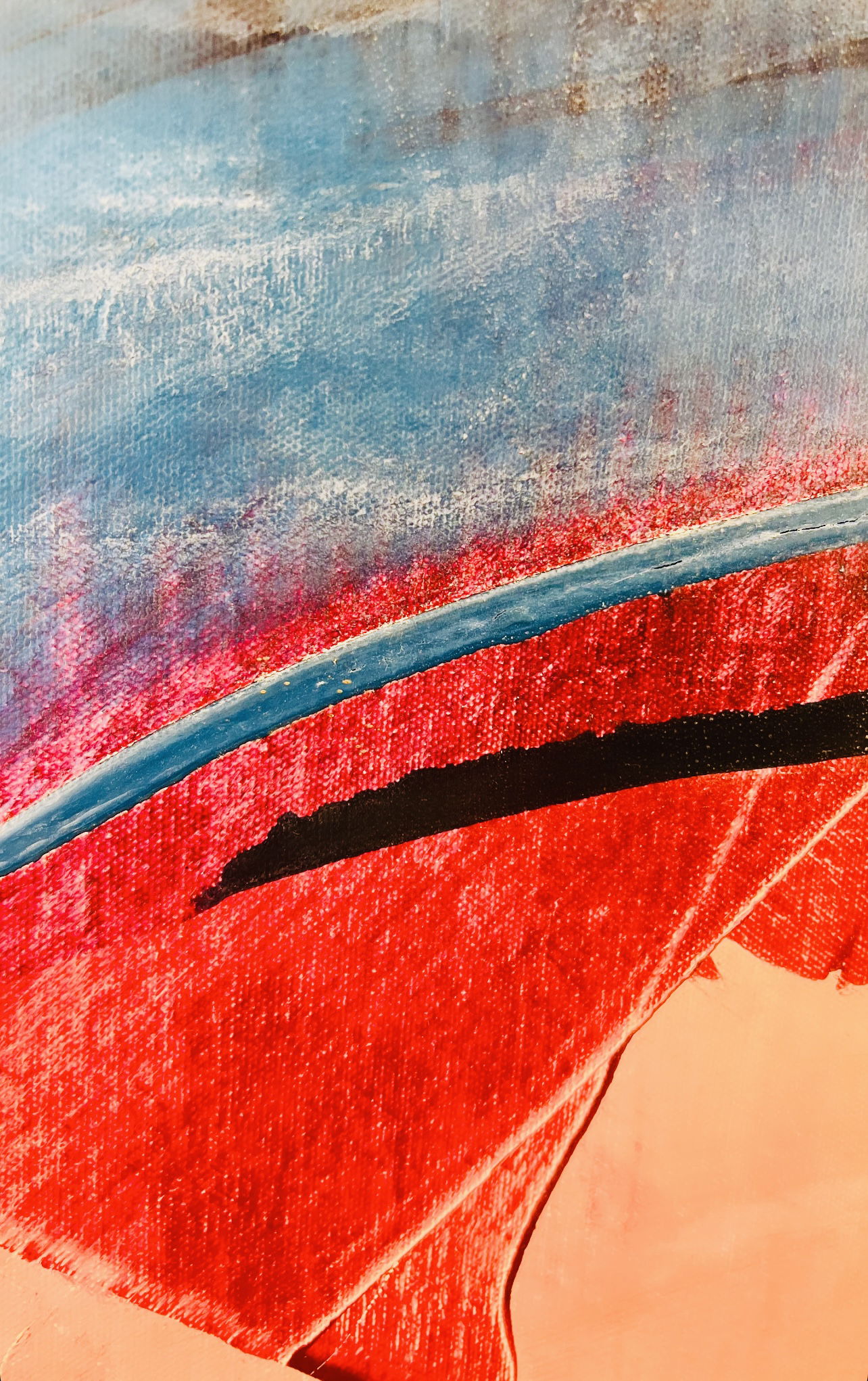 Abstract azure and crimson acrylic painting on canvas, blending fluidity and serenity with gradient brushstrokes and oceanic hues. Abstrakt style, Acryl auf Leinwand.