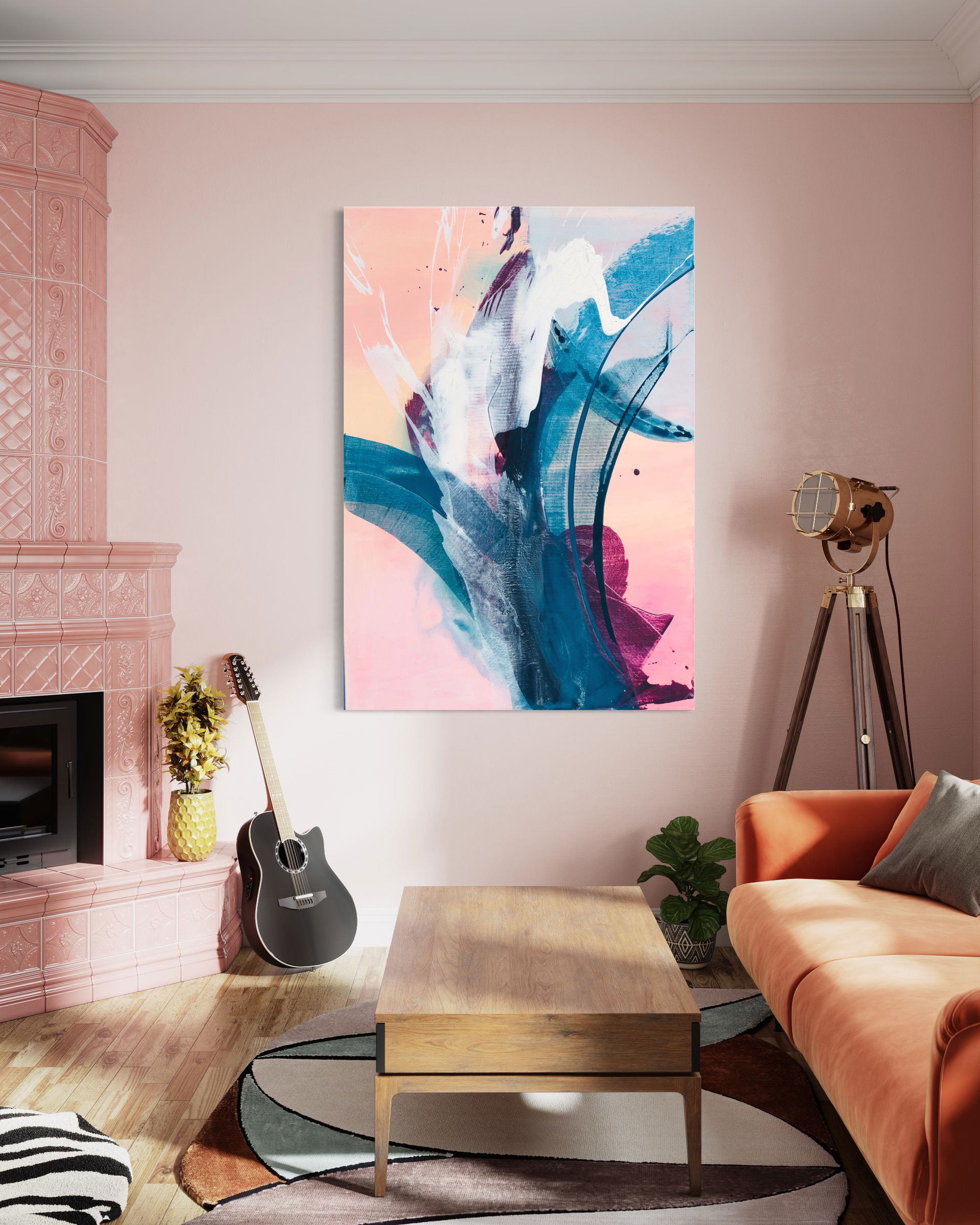 Abstract acrylic artwork with azure and blush swirls, resembling an ethereal oceanic dance on canvas. A visual serenade of fluidity. Abstrakt style, Acryl auf Leinwand.
