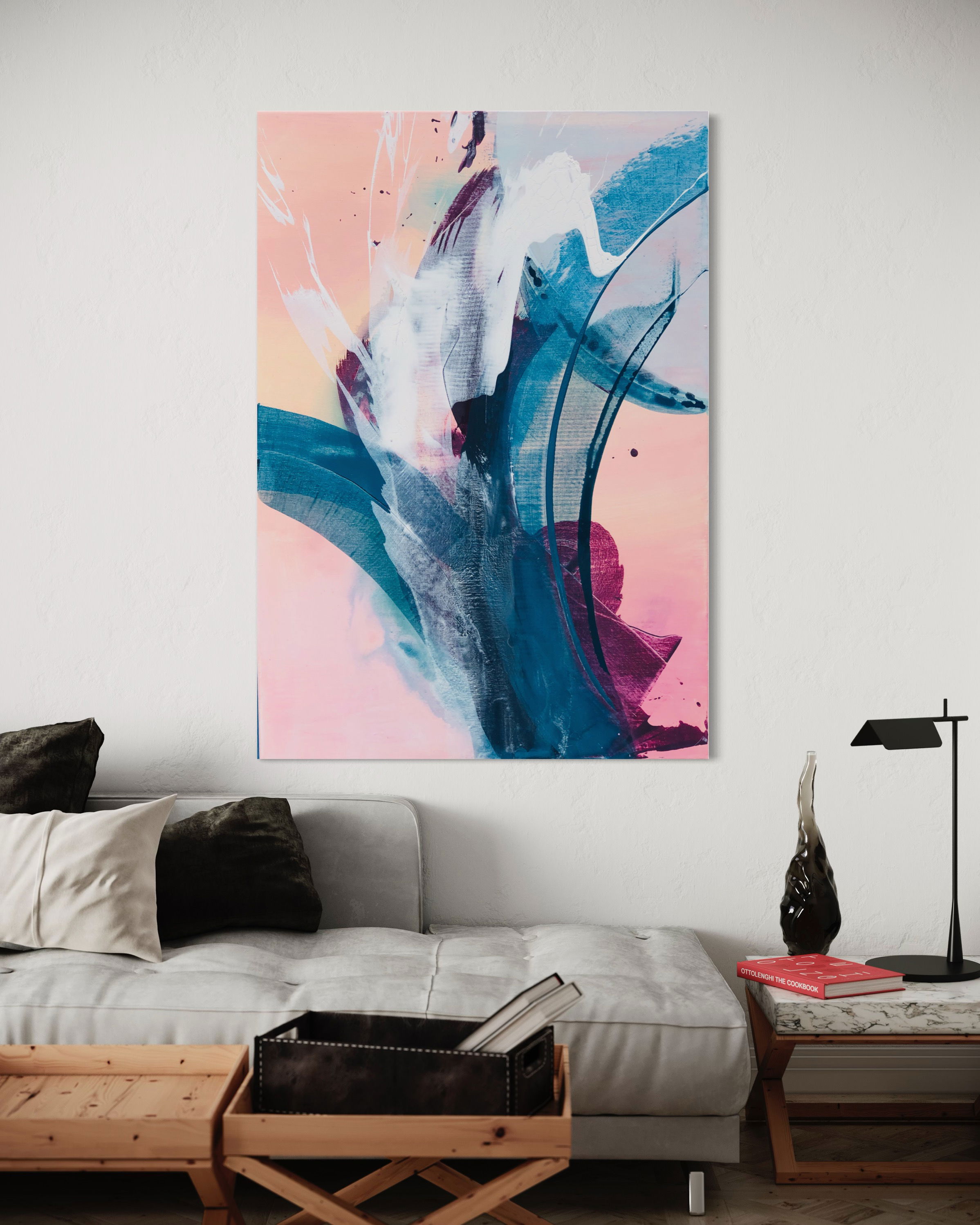 Abstract acrylic painting; ethereal azure and blush waves; fluid brushstrokes; serene horizon blending into twilight mist. Abstrakt style, Acryl auf Leinwand.