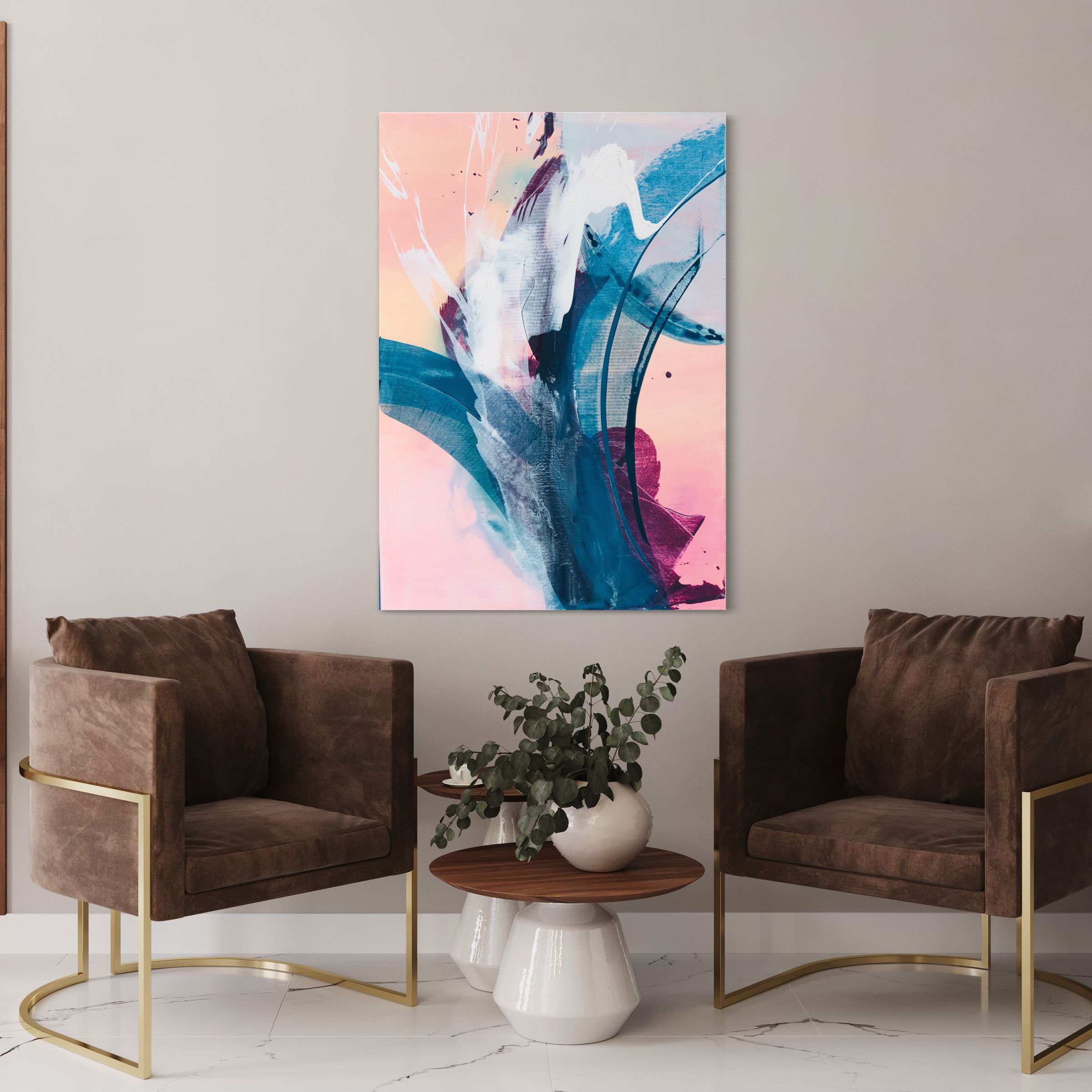 Abstract acrylic painting on canvas featuring azure and blush hues with fluid, wave-like brushstrokes evoking serenity and movement. Abstrakt style, Acryl auf Leinwand.