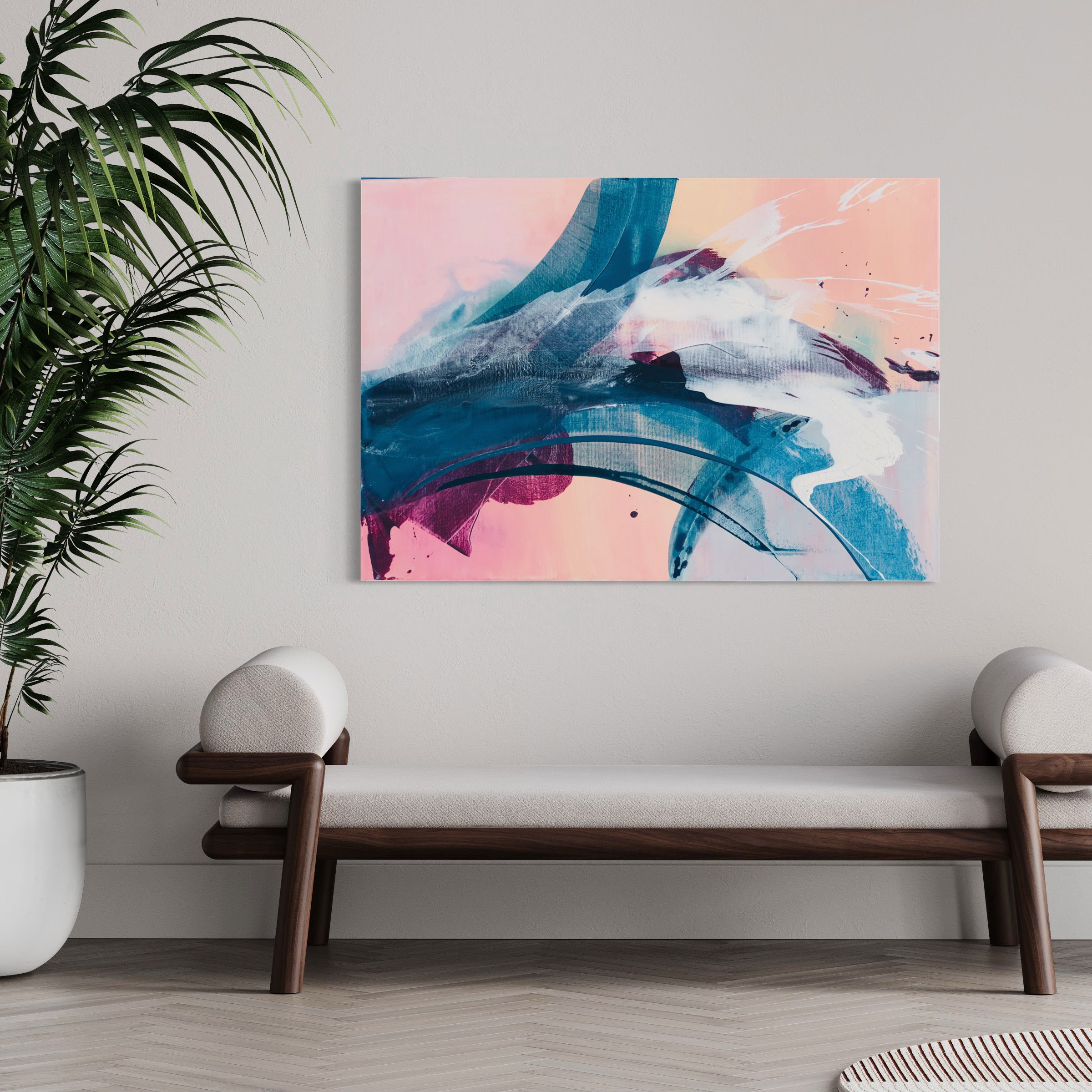 Abstract azure and blush acrylic art on canvas, featuring oceanic waves, ethereal brushstrokes, and a twilight dance of colors. Abstrakt style, Acryl auf Leinwand.