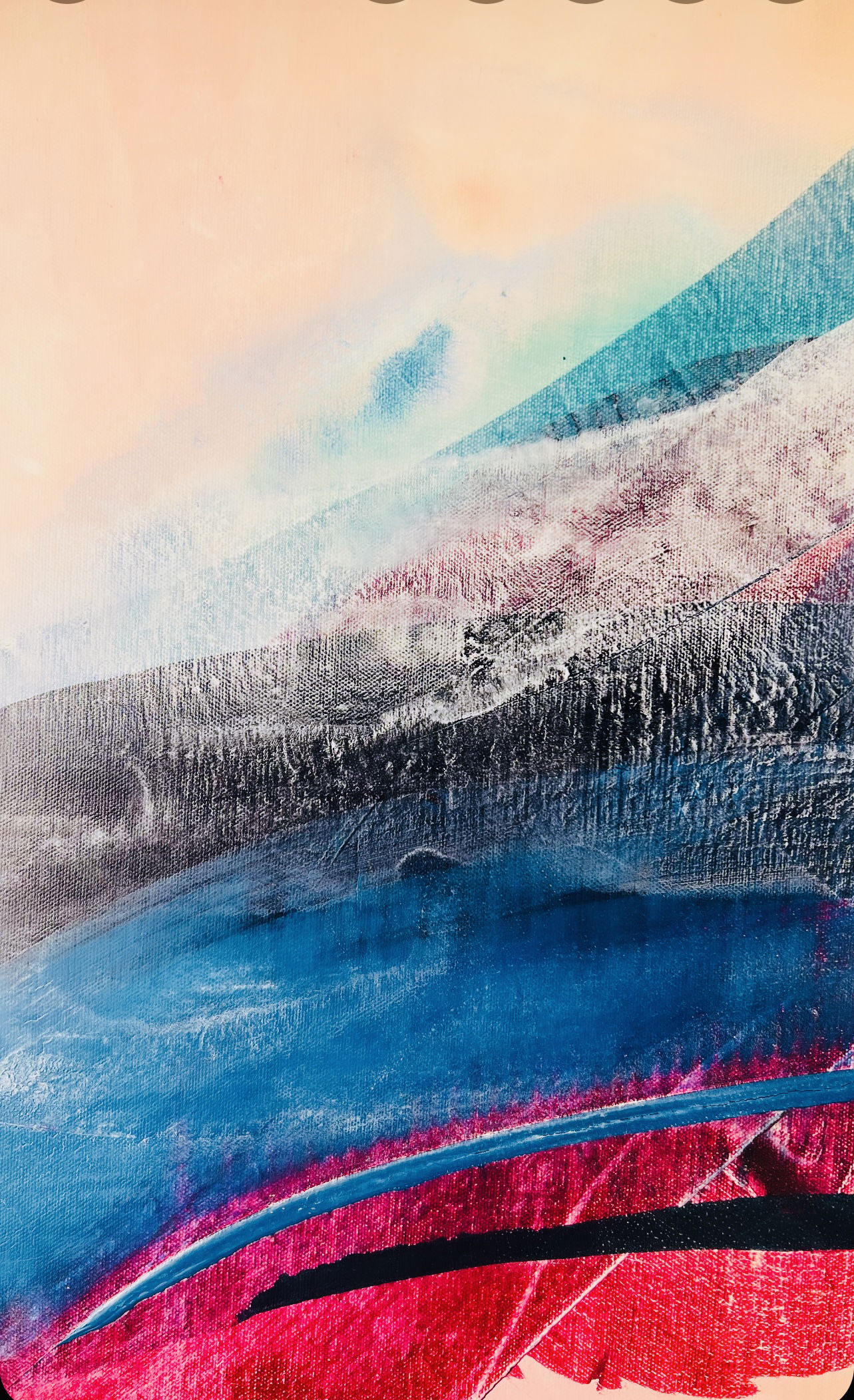 Abstract acrylic oceanic waves with azure and crimson hues dance in fluid motion, evoking serenity and ethereal twilight whispers. Abstrakt style, Acryl auf Leinwand.