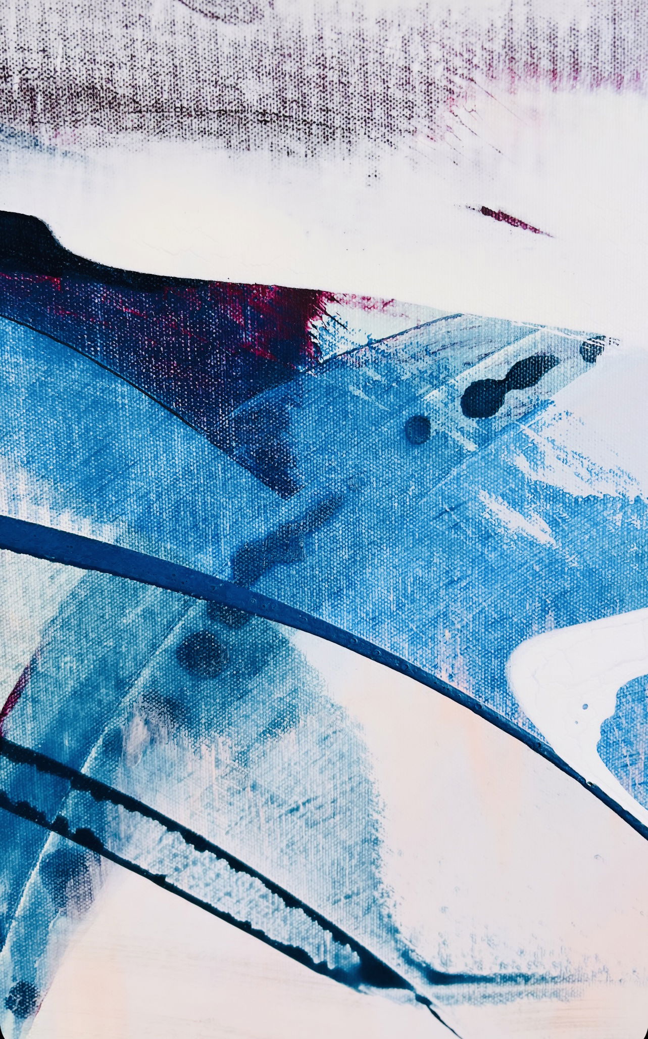 Abstract azure and blush acrylic painting on canvas, evoking serenity and fluidity with waves, brushstrokes and gradients. Abstrakt style, Acryl auf Leinwand.