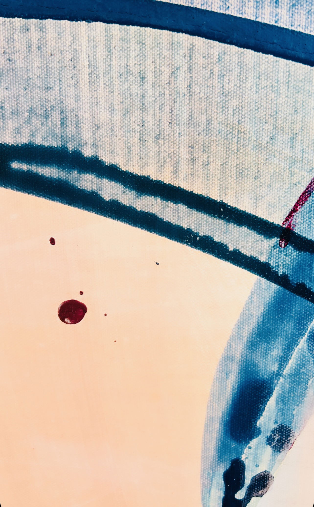 Abstract acrylic on canvas, azure brushstrokes, crimson spots; emanates serenity and fluidity with ethereal oceanic undertones. Abstrakt style, Acryl auf Leinwand.