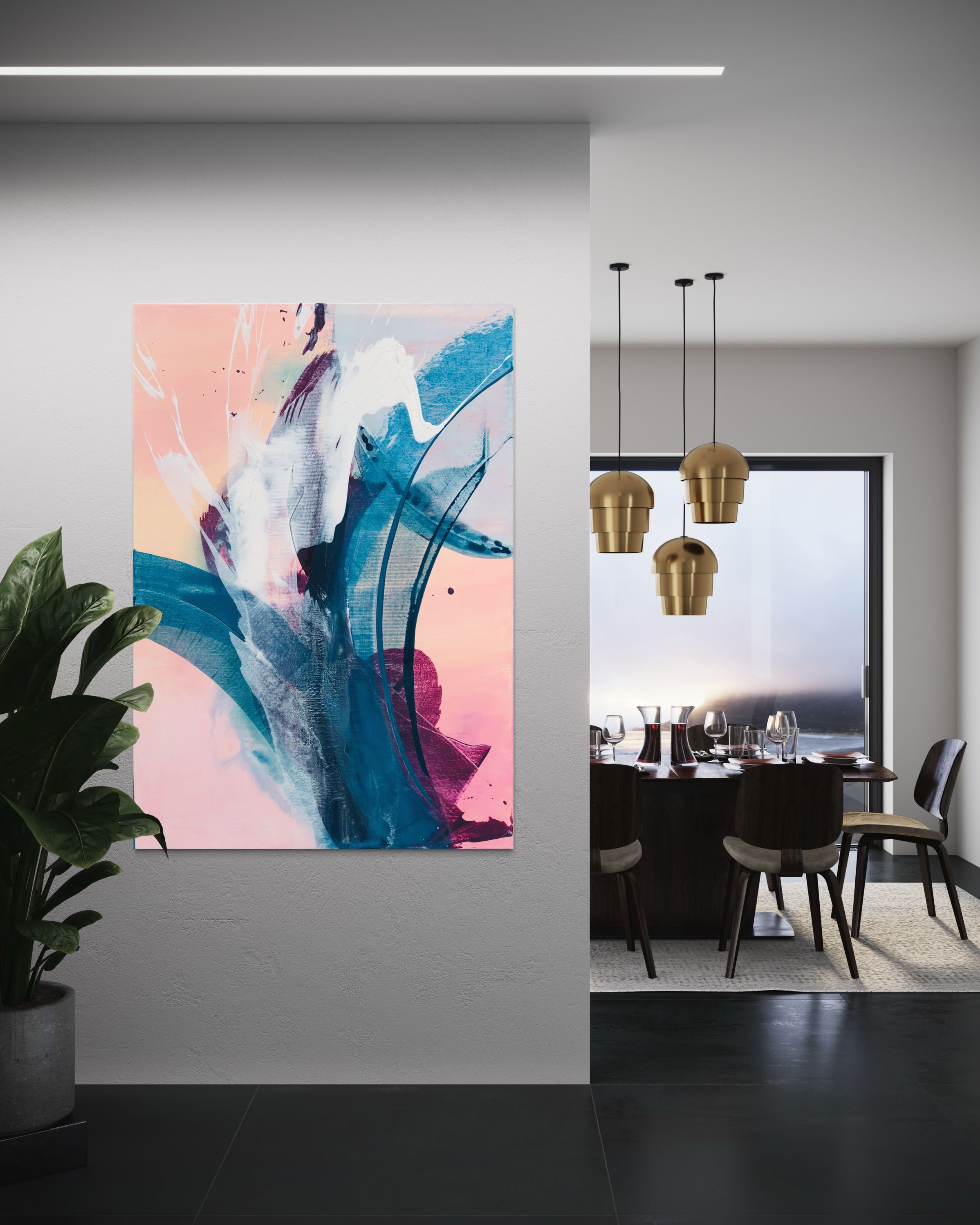 Abstract acrylic canvas of azure waves, blush hues, and fluid brushstrokes, capturing ethereal serenity in a dance of color. Abstrakt style, Acryl auf Leinwand.