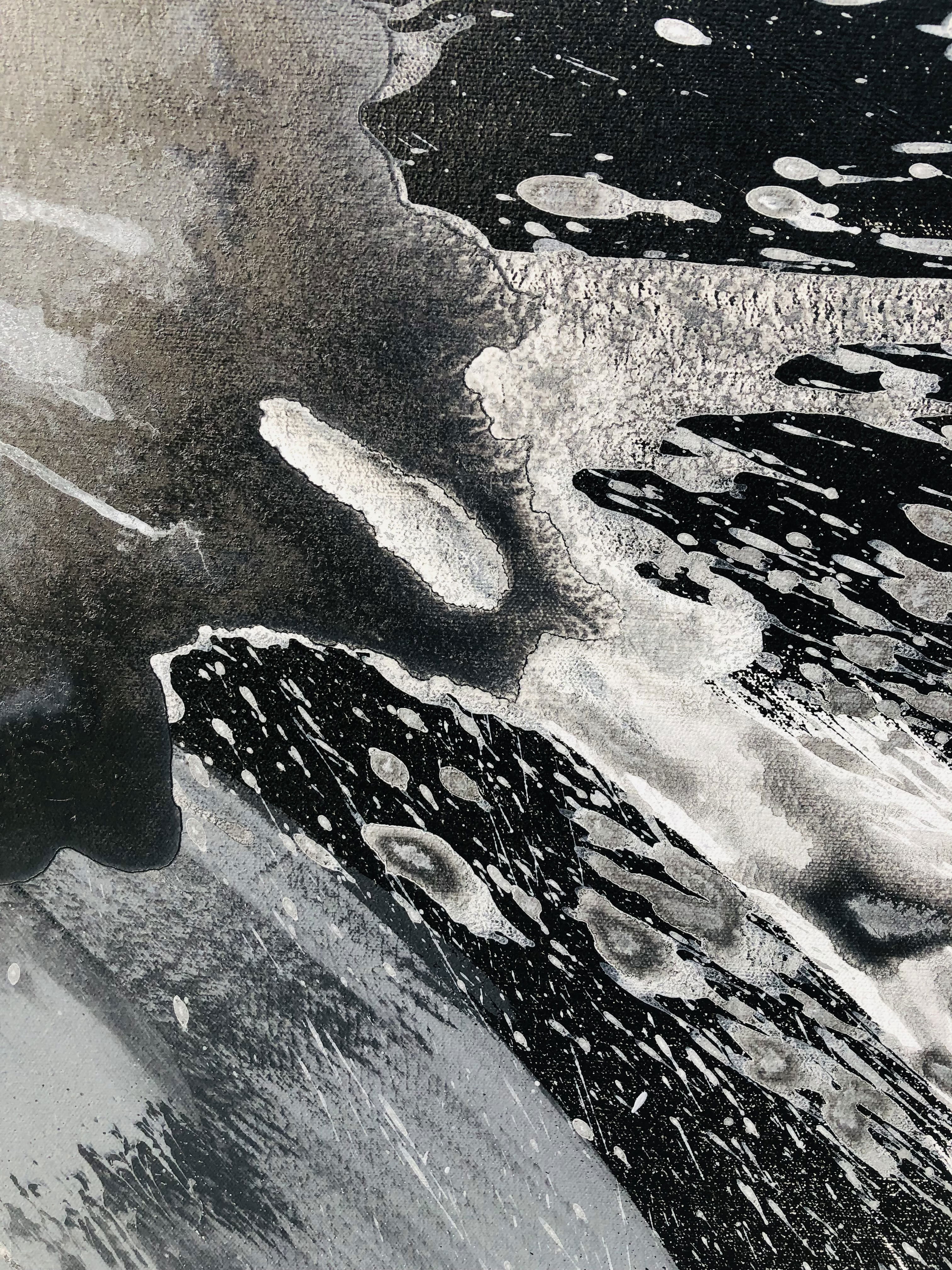 Abstract acrylic on canvas painting with monochrome fluidity, evoking turbulent contrasts and dynamic textures, creating an enigmatic cascade of grayscale shadows and motion. Artwork style - Abstrakt and technique Acryl auf Leinwand.