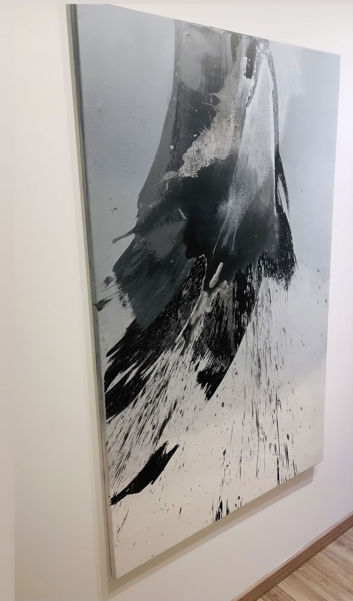 Abstract acrylic on canvas; a monochrome explosion of black and gray, reminiscent of fluid turbulence, captures ephemeral motion and organic shadows against a gradient background. Artwork style - Abstrakt and technique Acryl auf Leinwand.