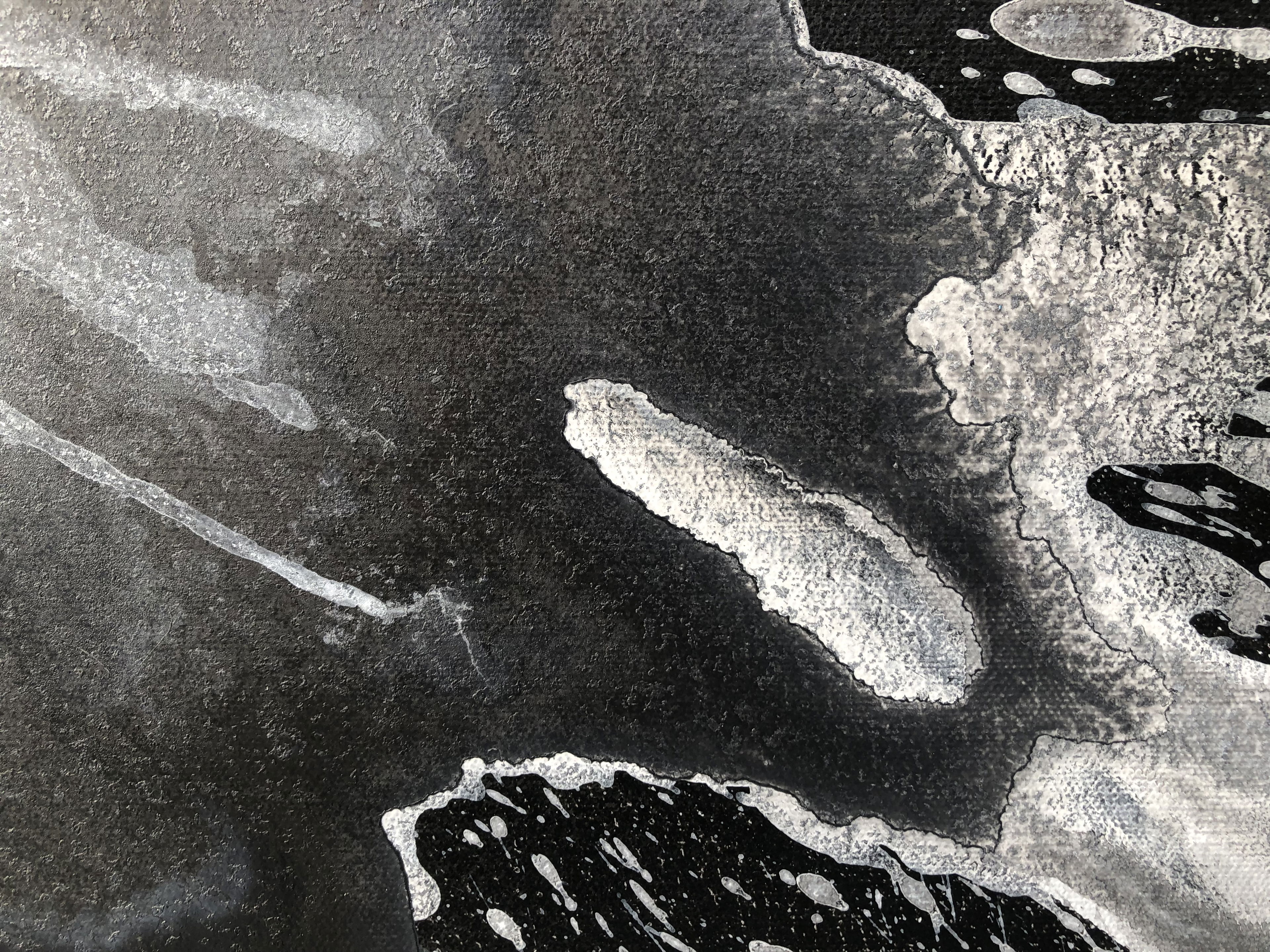 A grayscale abstract artwork in acrylic on canvas, portraying dynamic fluidity and turbulence with bold contrasts, organic textures, and an enigmatic interplay of shadows and light. Artwork style - Abstrakt and technique Acryl auf Leinwand.