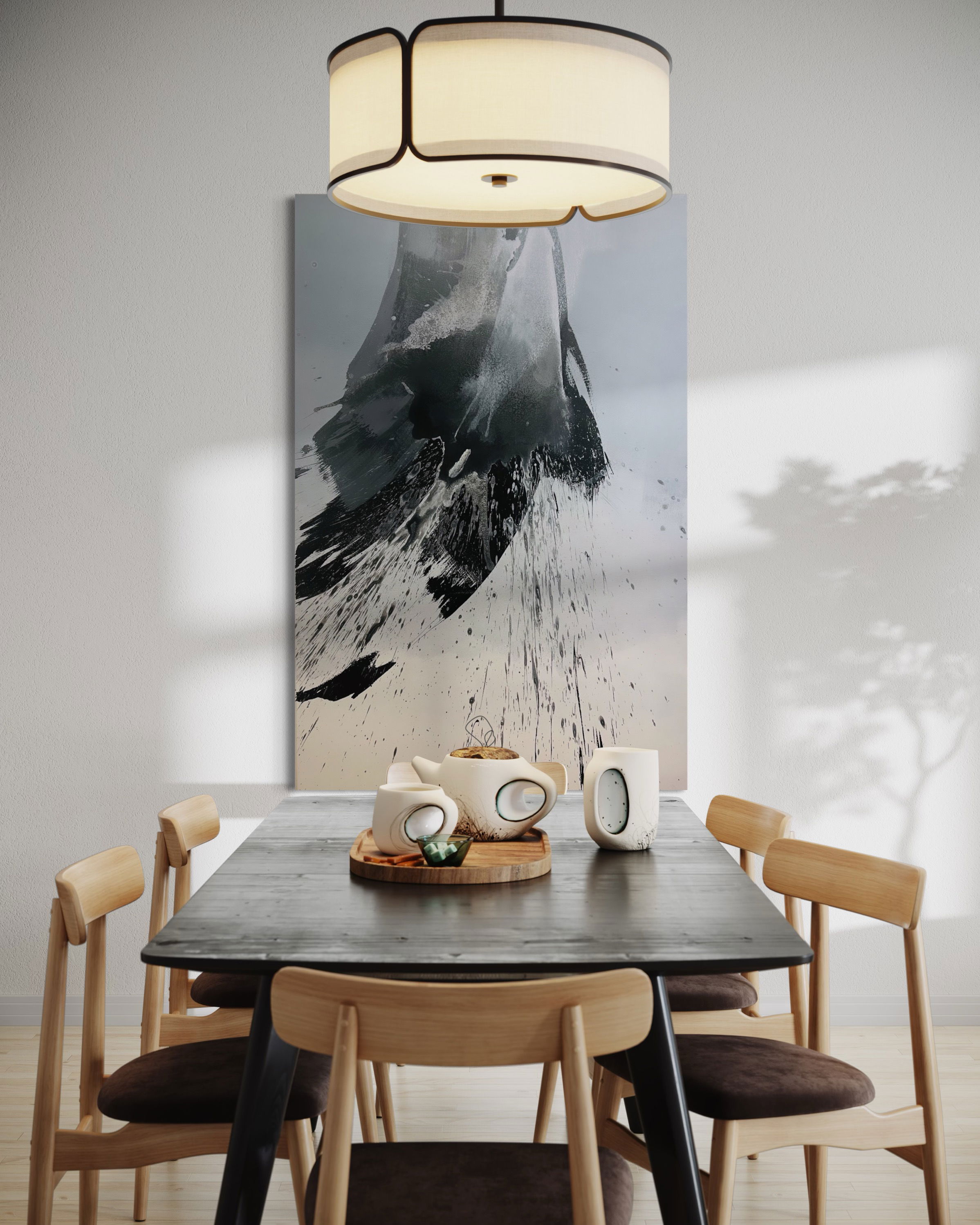 Dynamic grayscale abstract in acrylic on canvas showcases fluidity and turbulence, with bold contrasts, shadows, and textures creating an enigmatic, ethereal cascade of motion. Artwork style - Abstrakt and technique Acryl auf Leinwand.