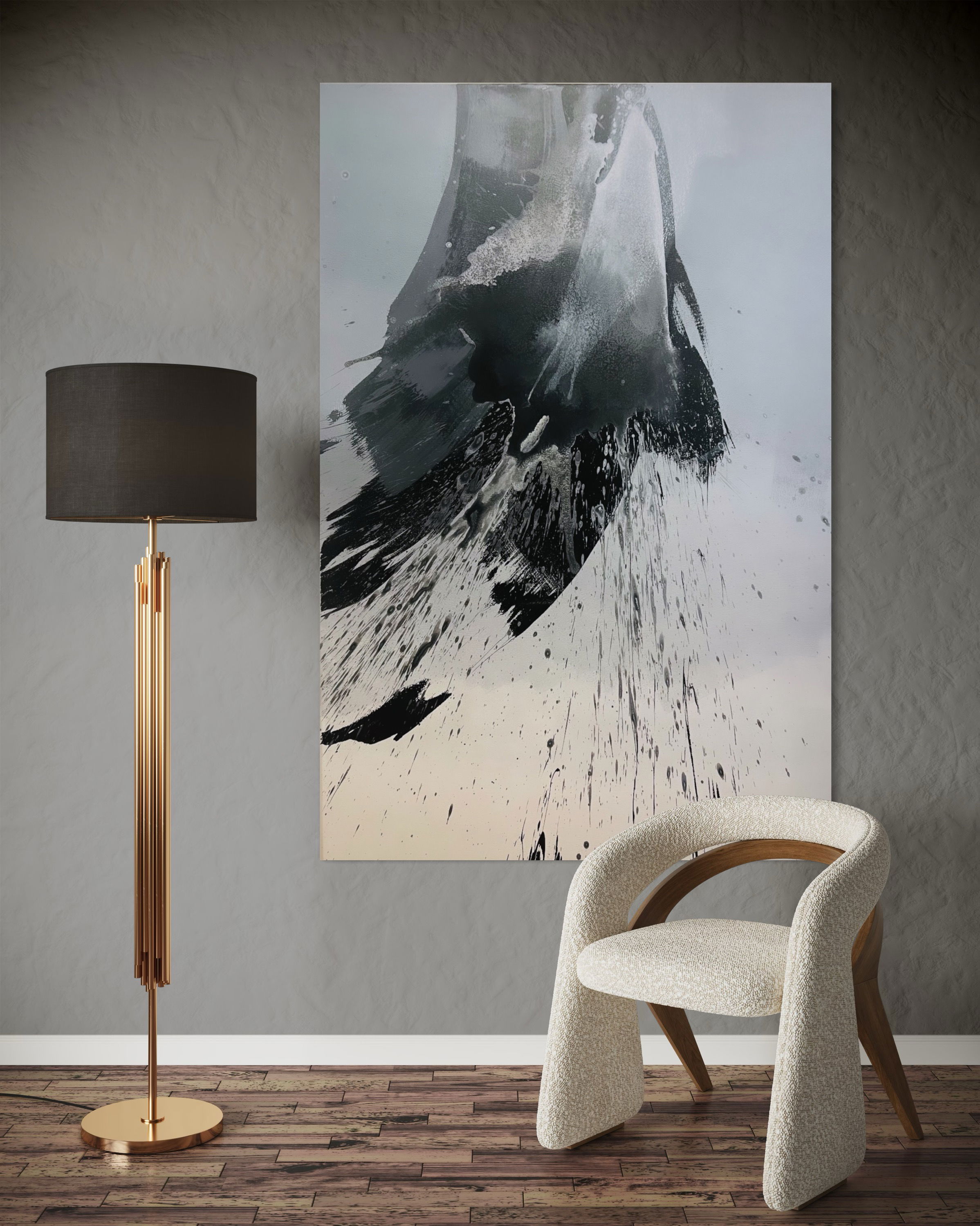 Abstract acrylic on canvas artwork, a monochromatic masterpiece teeming with fluid turbulence, embodying motion and texture in an ethereal play of grayscale contrasts. Artwork style - Abstrakt and technique Acryl auf Leinwand.