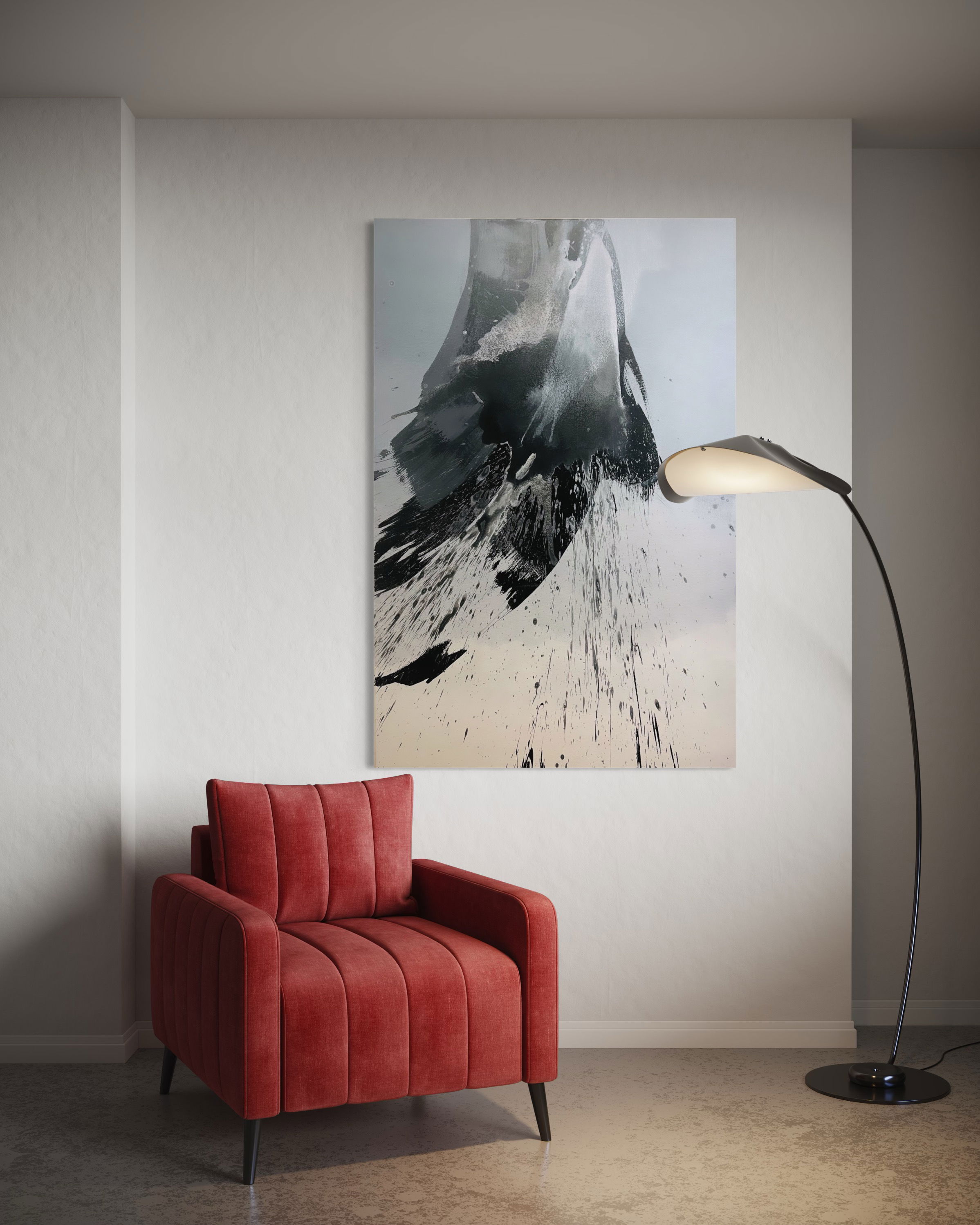 Abstract acrylic painting on canvas, characterized by dynamic monochrome fluidity and dramatic splatter, evoking themes of turbulence, contrast, and ethereal motion. Artwork style - Abstrakt and technique Acryl auf Leinwand.