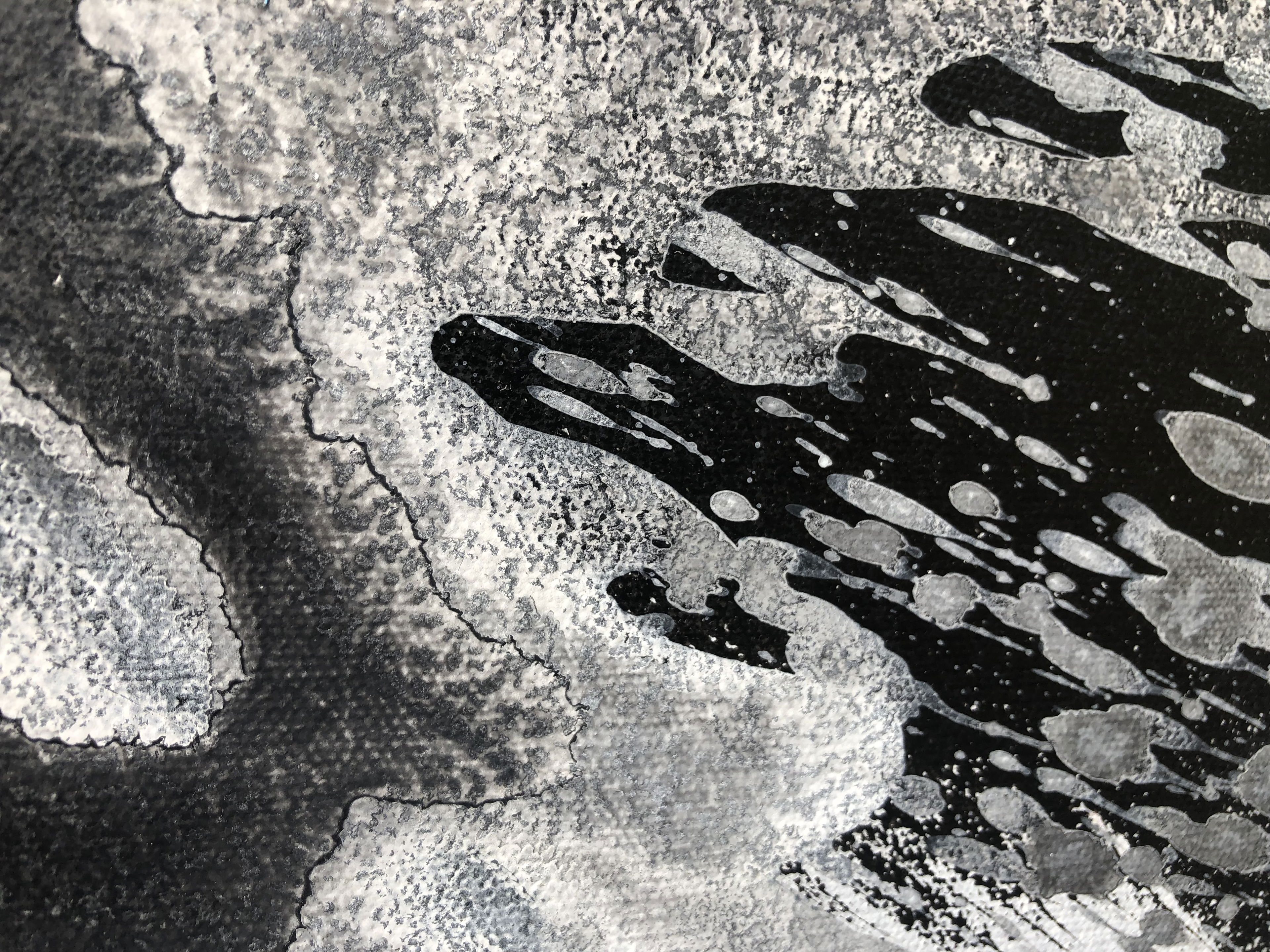 Abstract monochrome acrylic on canvas showcasing dynamic fluidity and intricate textures, evoking a sense of turbulence and contrast with ethereal shades of grayscale. Artwork style - Abstrakt and technique Acryl auf Leinwand.