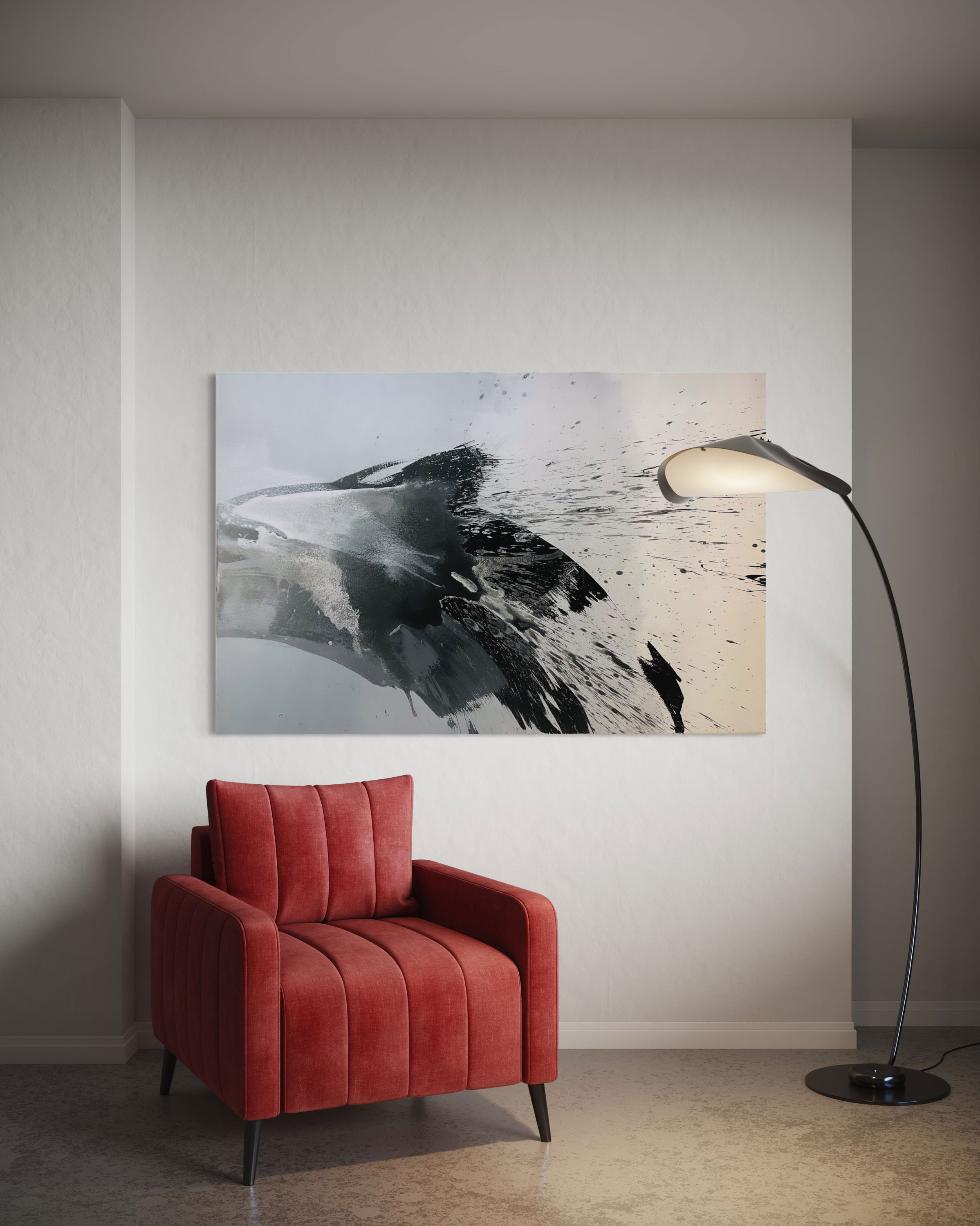 Dynamic acrylic abstract on canvas, exuding monochrome fluidity and organic turbulence in grayscale contrast, as shadows dance with ethereal intonation, invoking mystery and enigma. Artwork style - Abstrakt and technique Acryl auf Leinwand.