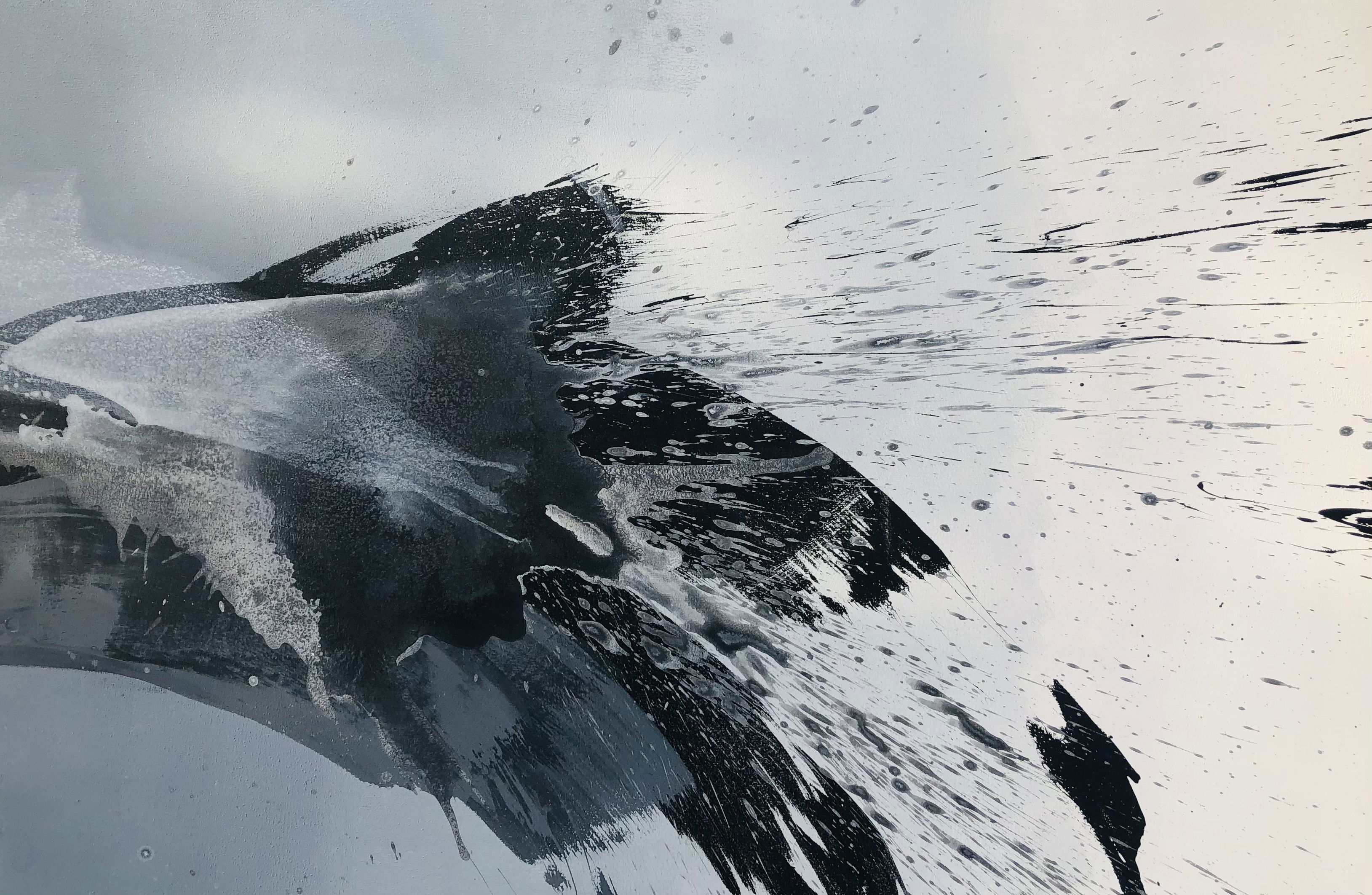 A monochrome abstract acrylic on canvas with dynamic splatters and fluid gradients evoking turbulence and mystery, crafting an ethereal interplay of shadows and contrasts. Artwork style - Abstrakt and technique Acryl auf Leinwand.