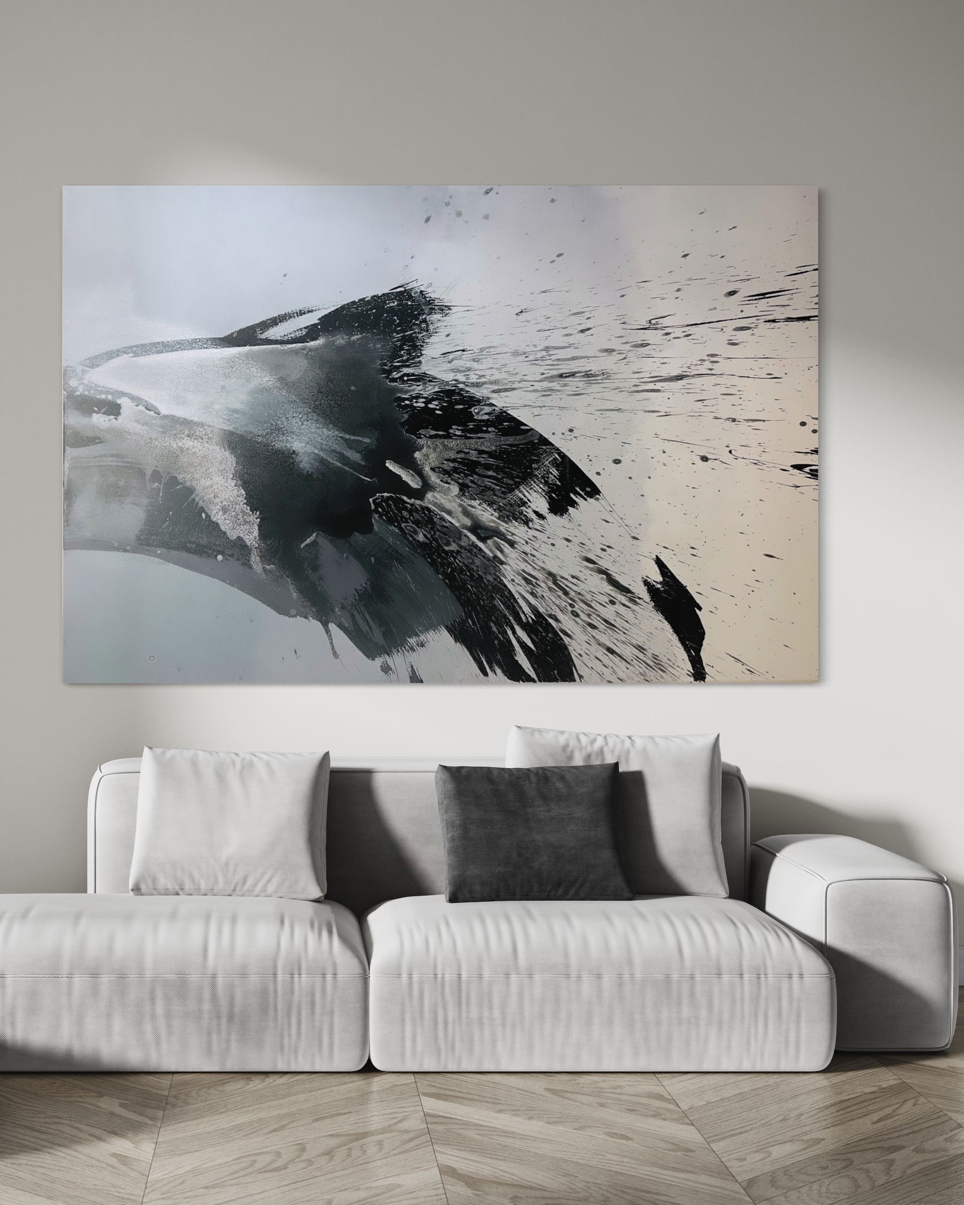 Abstract acrylic on canvas: a monochrome symphony of fluid turbulence, dynamic splatters, and enigmatic shadows evoke ethereal motion and bold contrast. Artwork style - Abstrakt and technique Acryl auf Leinwand.