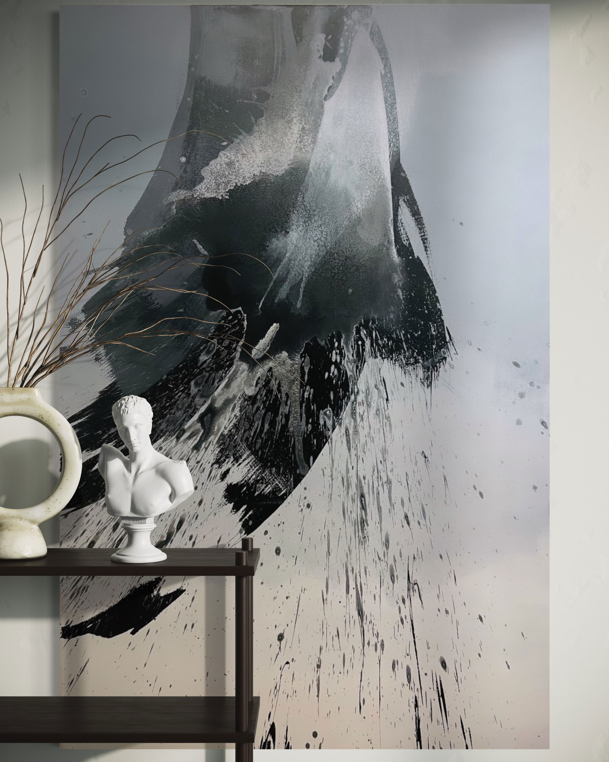 A monochrome acrylic abstraction on canvas, depicting a dynamic interplay of splatters and fluid contrasts that evoke an enigmatic cascade of motion and shadows. Artwork style - Abstrakt and technique Acryl auf Leinwand.