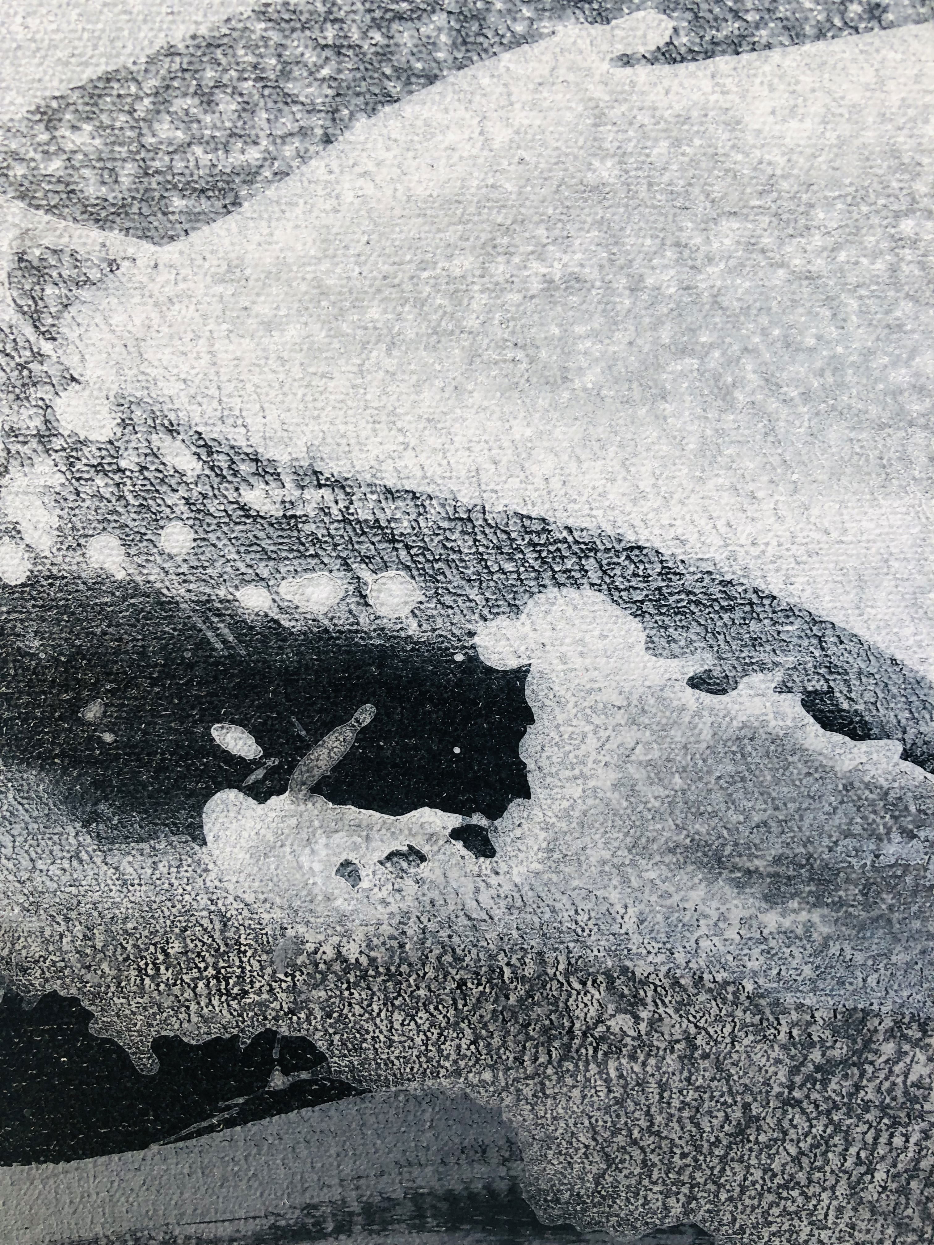 A monochrome abstract acrylic painting on canvas, evoking fluidity and turbulence with dynamic grayscale textures, cascading shadows, and ethereal contrasts, creating an enigma. Artwork style - Abstrakt and technique Acryl auf Leinwand.