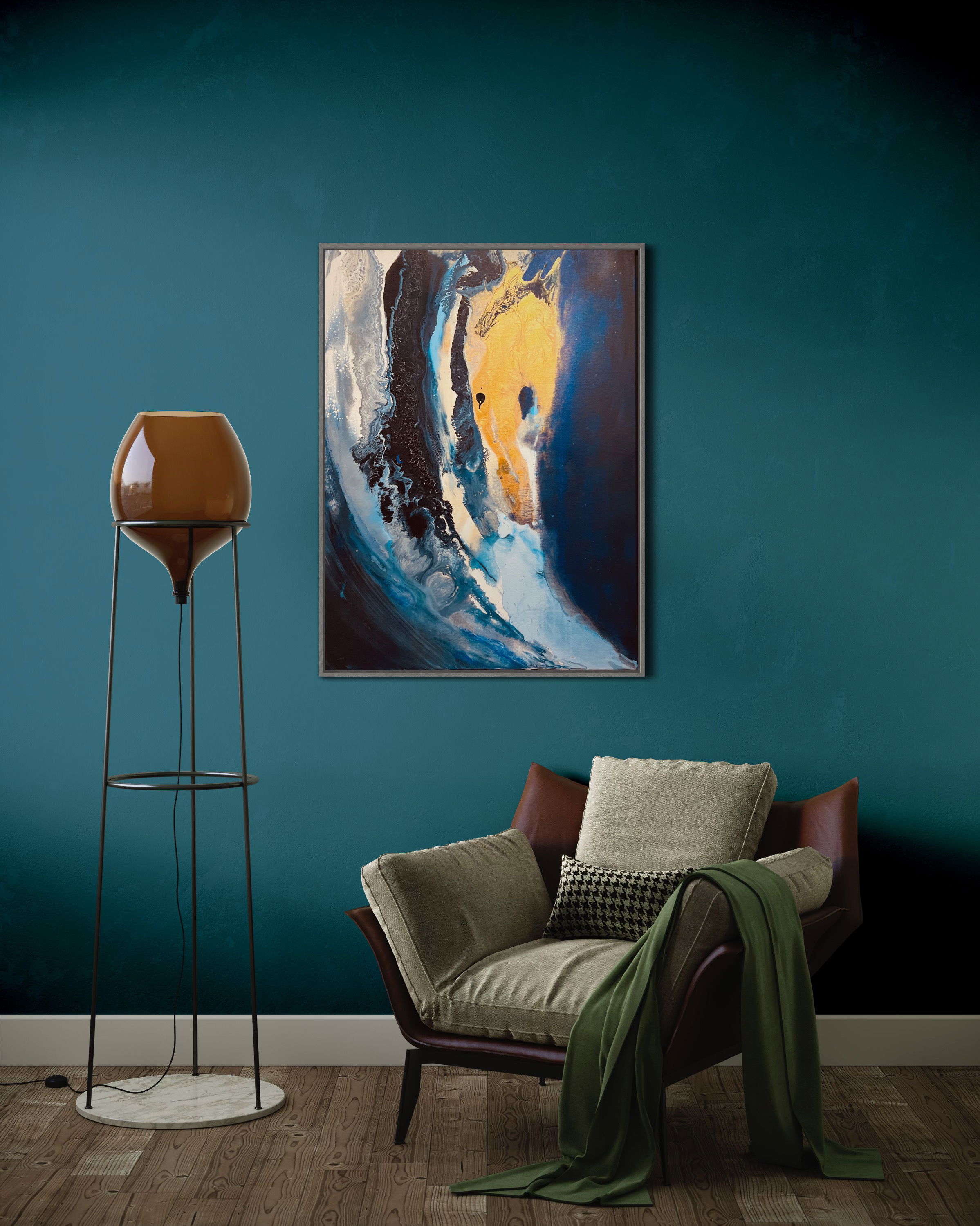 Acrylic on canvas abstract artwork brimming with ethereal fluidity, showcasing a mesmerizing cascade of azure, obsidian, and golden streaks, evoking the tempestuous depths of the cosmos. Artwork style - Abstrakt and technique Acryl auf Leinwand.