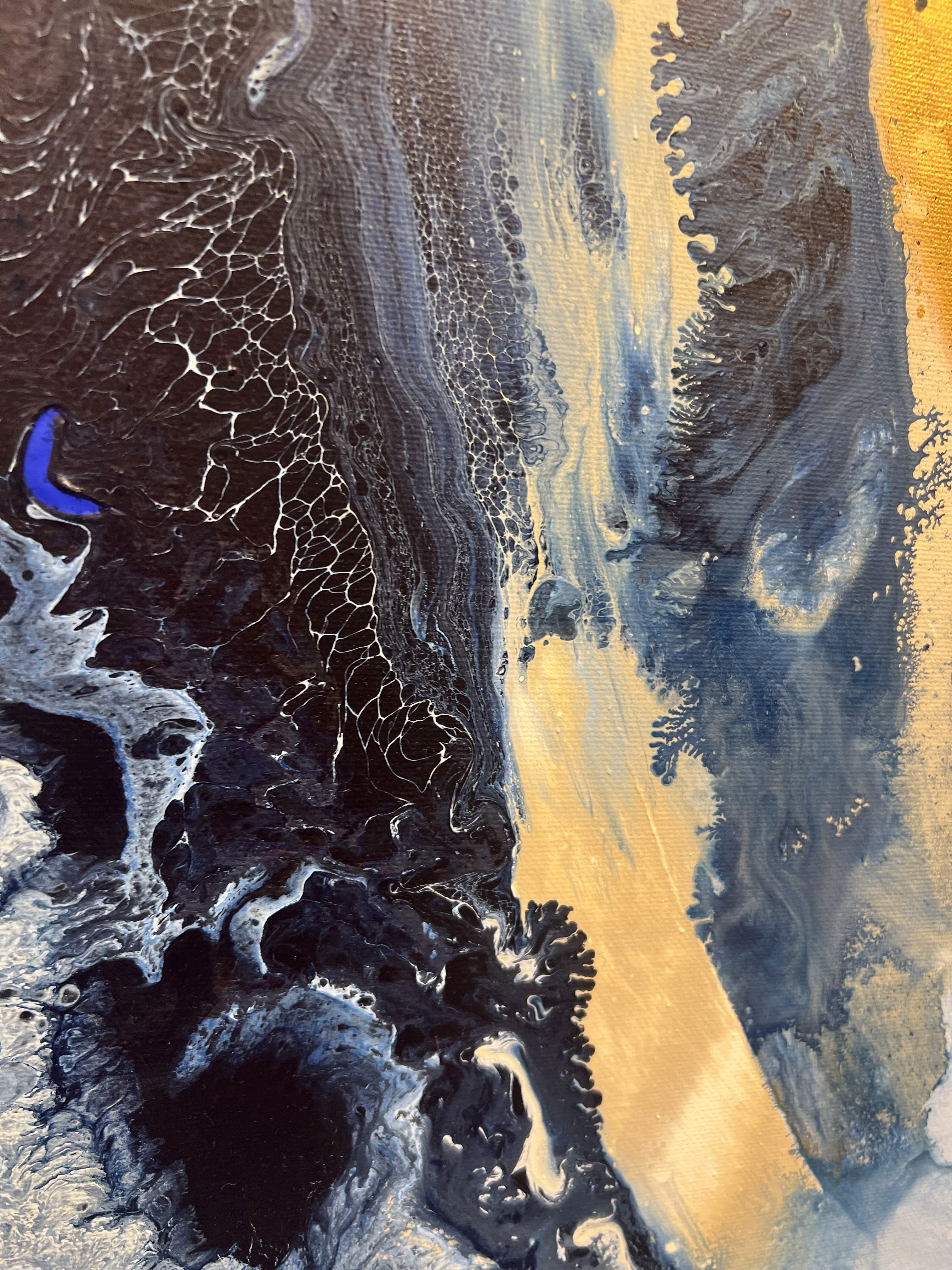 Abstract acrylic on canvas, a cosmic tempest of azure and obsidian cascades into golden luminosity, embodying celestial harmony and iridescent fluidity. Artwork style - Abstrakt and technique Acryl auf Leinwand.
