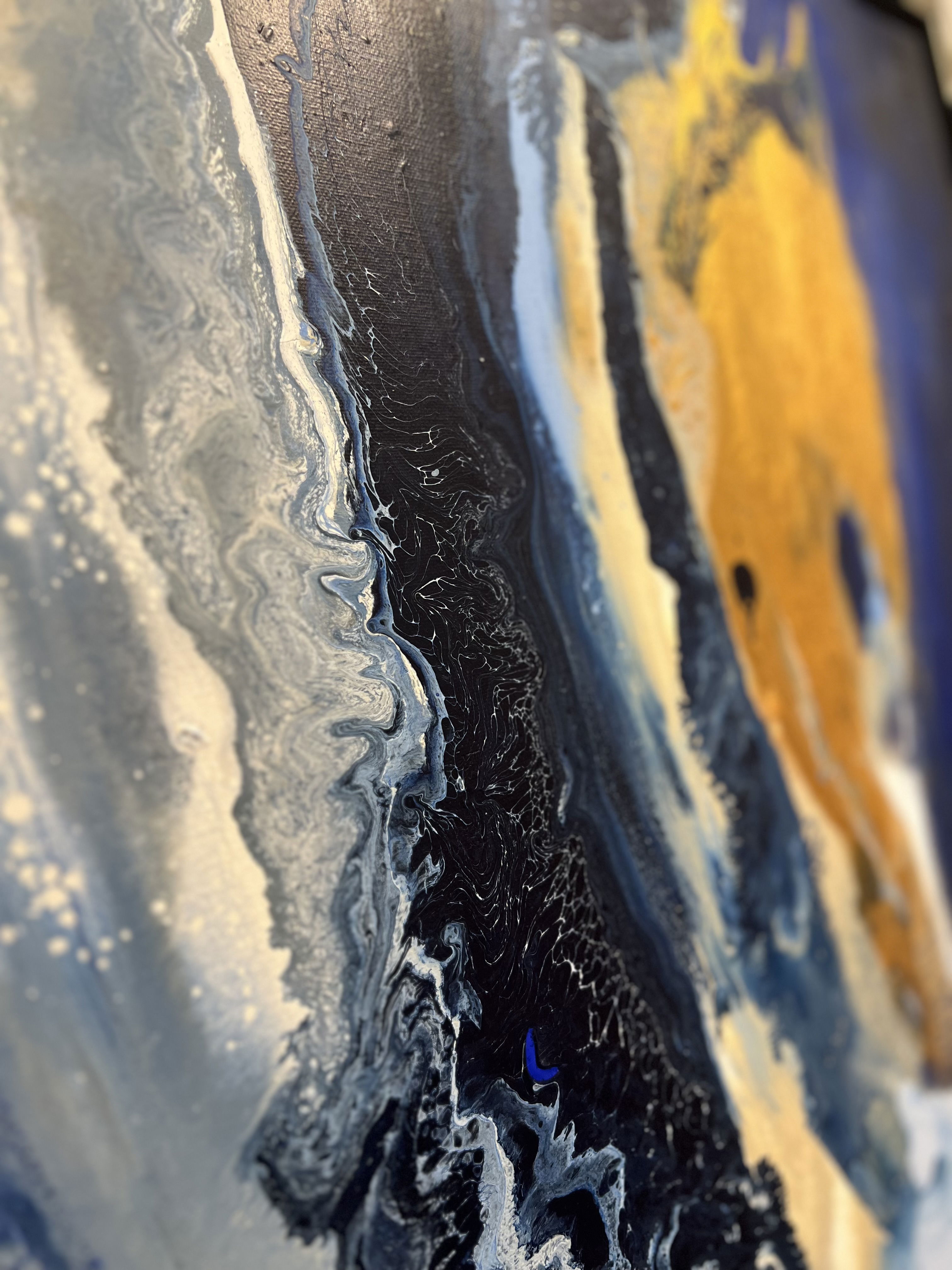 A vibrant abstract acrylic painting on canvas, showcasing fluid, ethereal streaks in azure and obsidian, interwoven with golden light, evoking the mystery of the cosmos. Artwork style - Abstrakt and technique Acryl auf Leinwand.