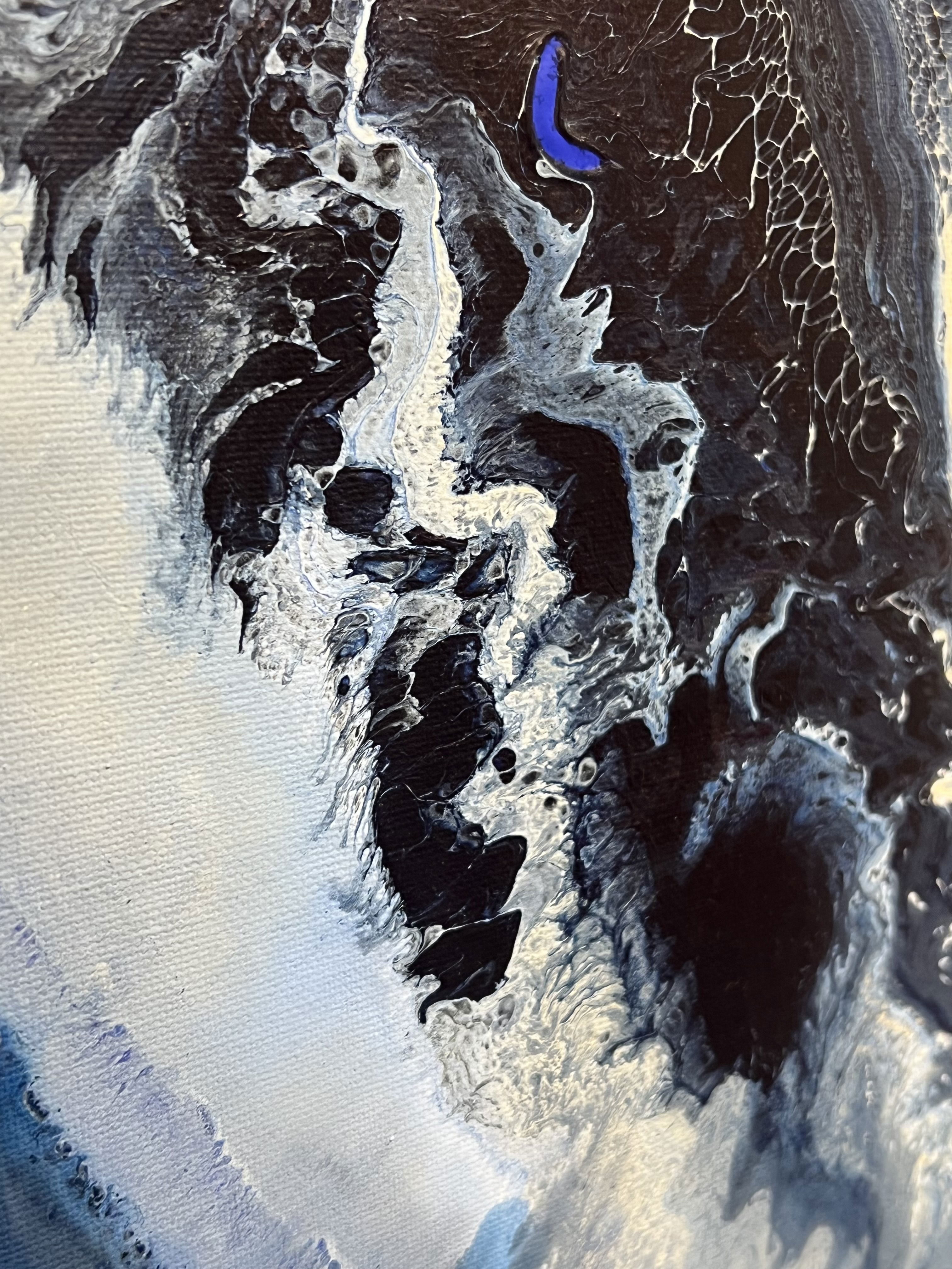 Abstract acrylic painting with fluid, celestial forms. Azure and obsidian hues cascade into a luminous, enigma-filled void, evoking an ethereal twilight tempest's depth. Artwork style - Abstrakt and technique Acryl auf Leinwand.