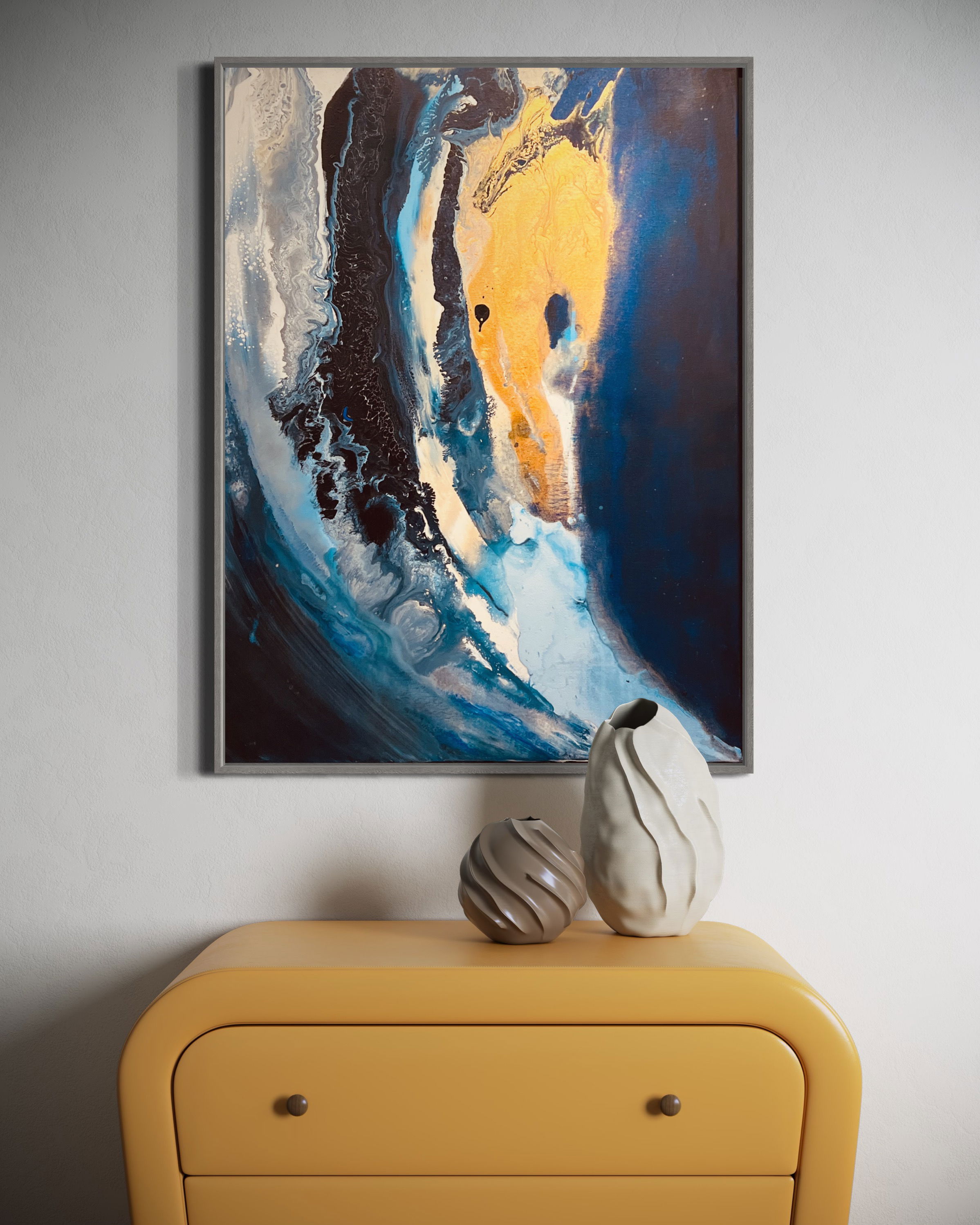 Abstract acrylic on canvas artwork, awash in ethereal azure and obsidian hues, juxtaposed with golden luminosity, creating fluidity reminiscent of a celestial cosmos. Artwork style - Abstrakt and technique Acryl auf Leinwand.