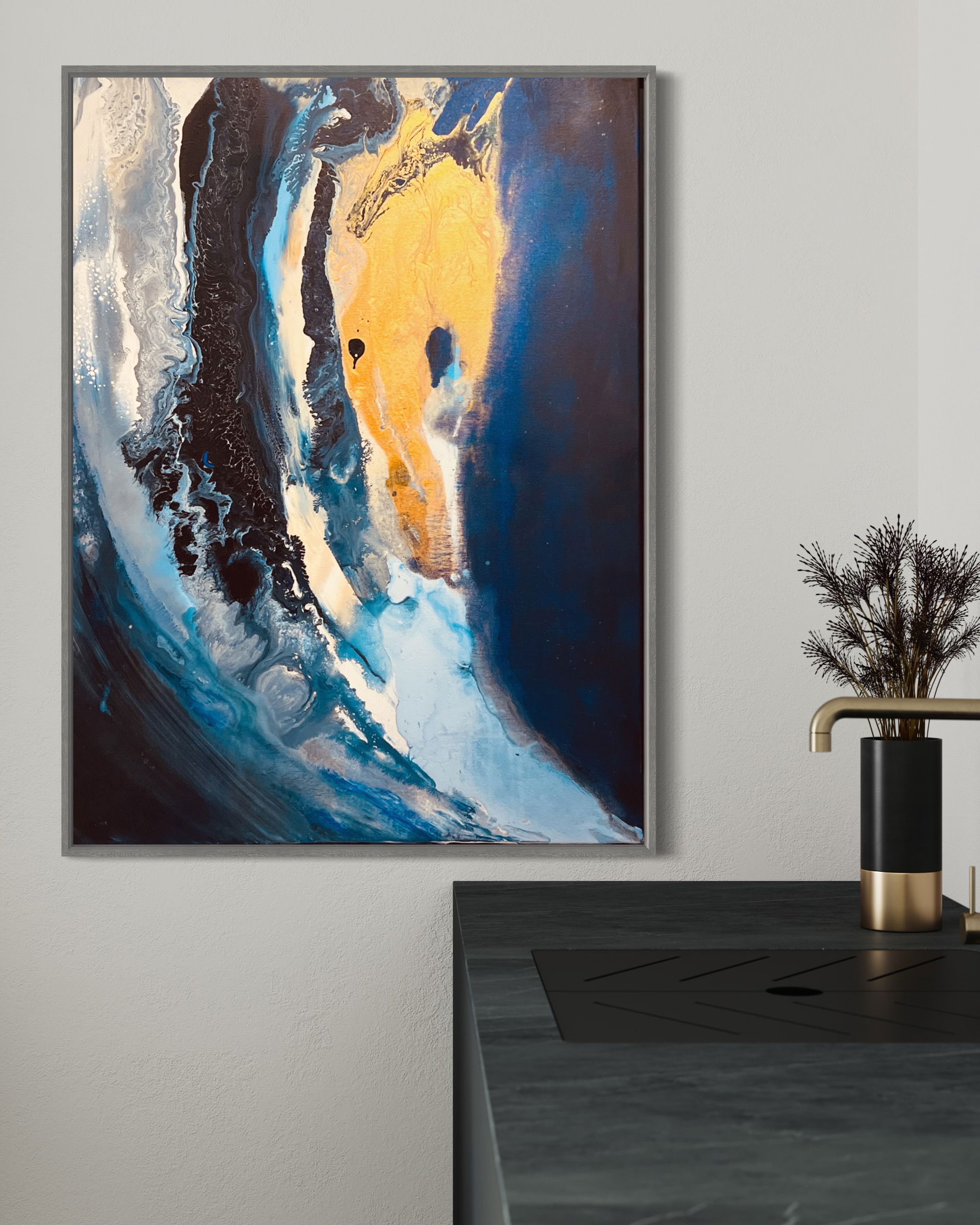 Ethereal abstraction in acrylic on canvas, where azure waves cascade into obsidian voids, illuminated by golden streaks; a celestial dance of twilight and fluidity. Artwork style - Abstrakt and technique Acryl auf Leinwand.