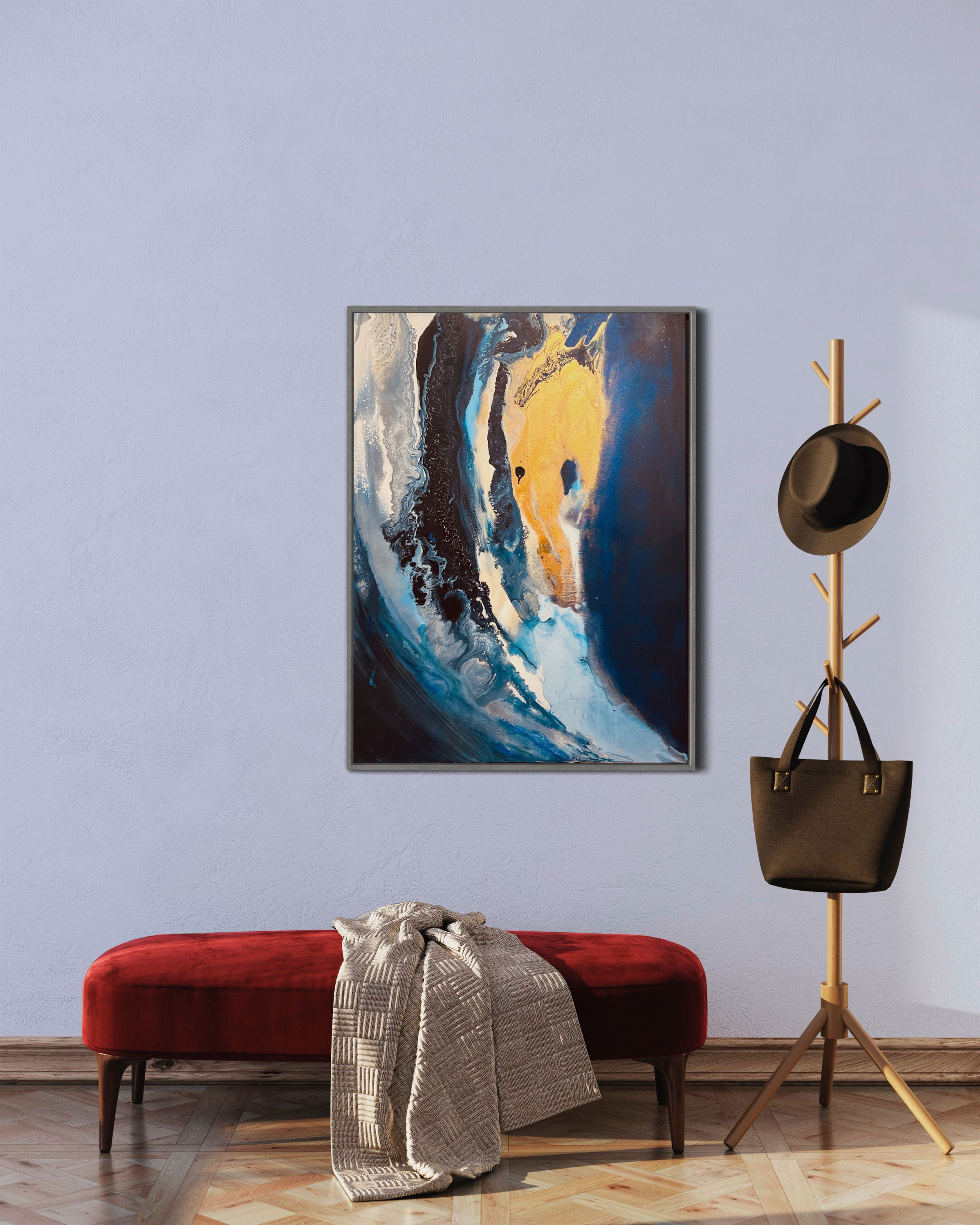 Abstract acrylic on canvas painting, showcasing fluid cascades of azure and obsidian hues interspersed with luminous golden streaks, evoking a celestial tempest in twilight. Artwork style - Abstrakt and technique Acryl auf Leinwand.