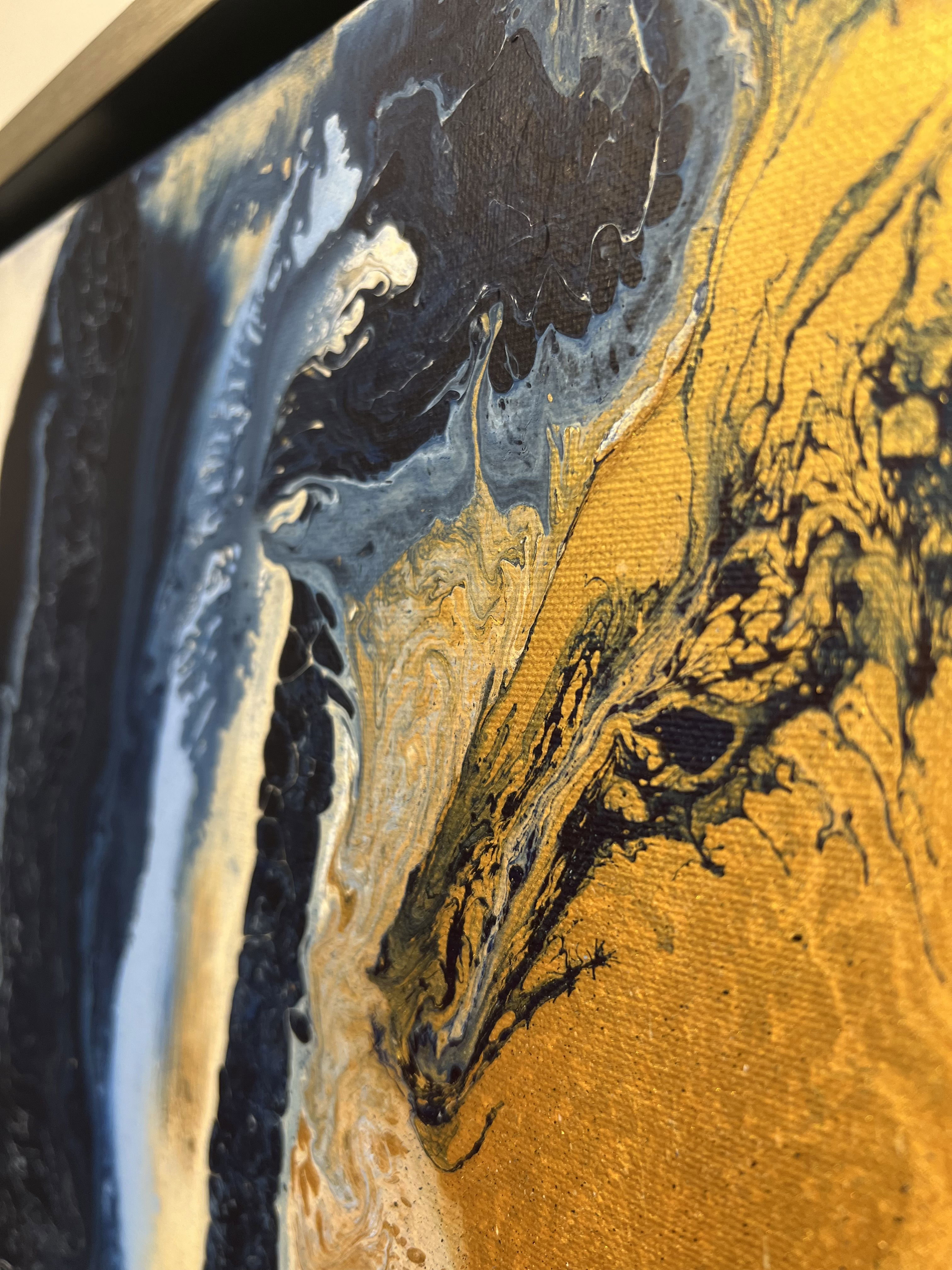 Ethereal acrylic abstraction on canvas, blending azure and obsidian hues with golden streaks. A cosmic cascade of fluidity and depth, evoking celestial harmony and enigma. Artwork style - Abstrakt and technique Acryl auf Leinwand.