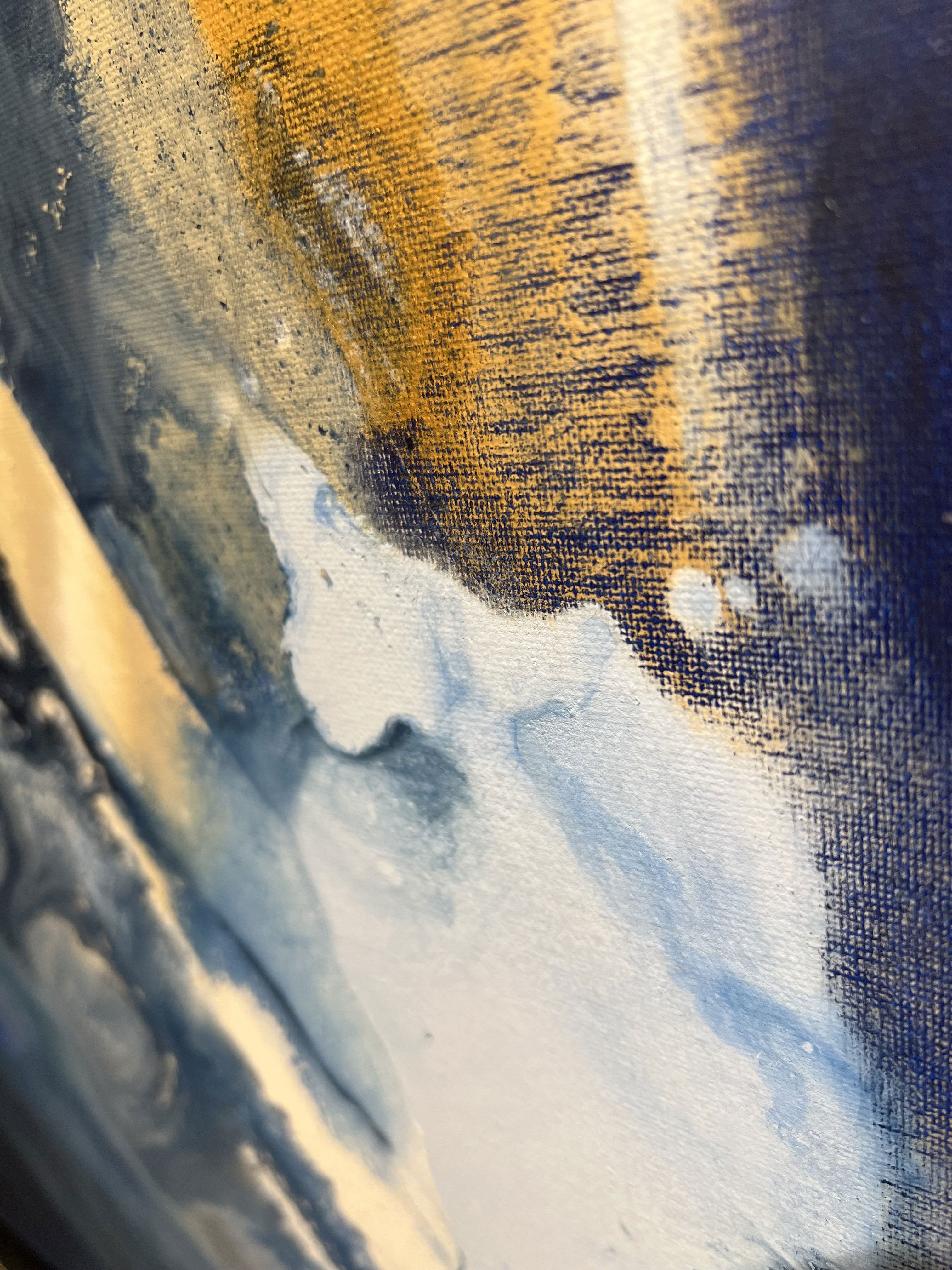 Acrylic on canvas artwork featuring abstract fluidity in azure and golden hues, creating an ethereal cascade of celestial depth and contrasting luminosity. Artwork style - Abstrakt and technique Acryl auf Leinwand.