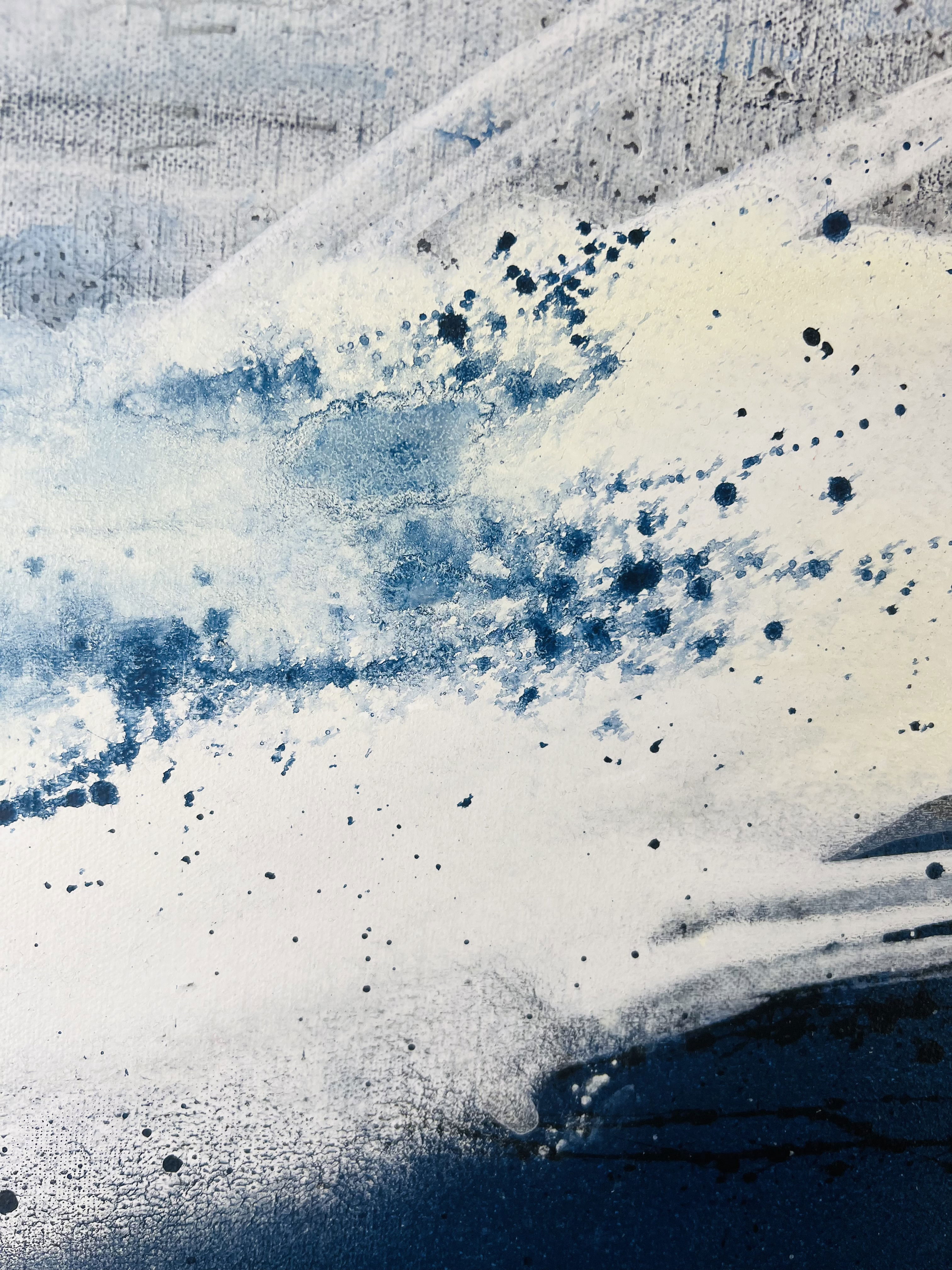 Abstract acrylic painting on canvas depicting dynamic blue and white splashes, evoking a sense of fluid motion and energetic intensity against a textured backdrop. Artwork style is Abstrakt and technique Acryl auf Leinwand.