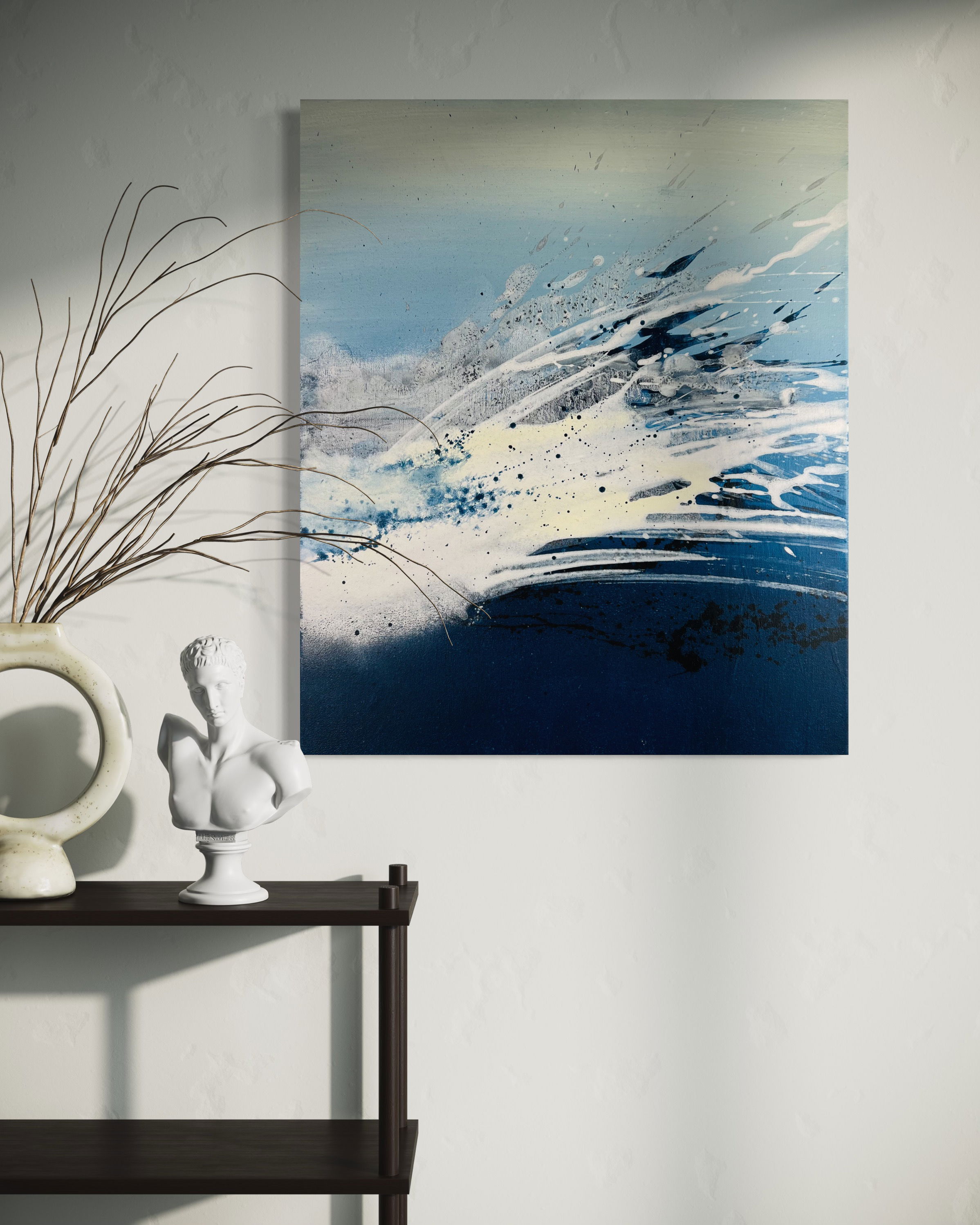 Acrylic on canvas abstract art featuring dynamic fluidity with blue waves, white splashes, and intense movement, evoking rhythm, depth, and contrasting energy. Artwork style is Abstrakt and technique Acryl auf Leinwand.