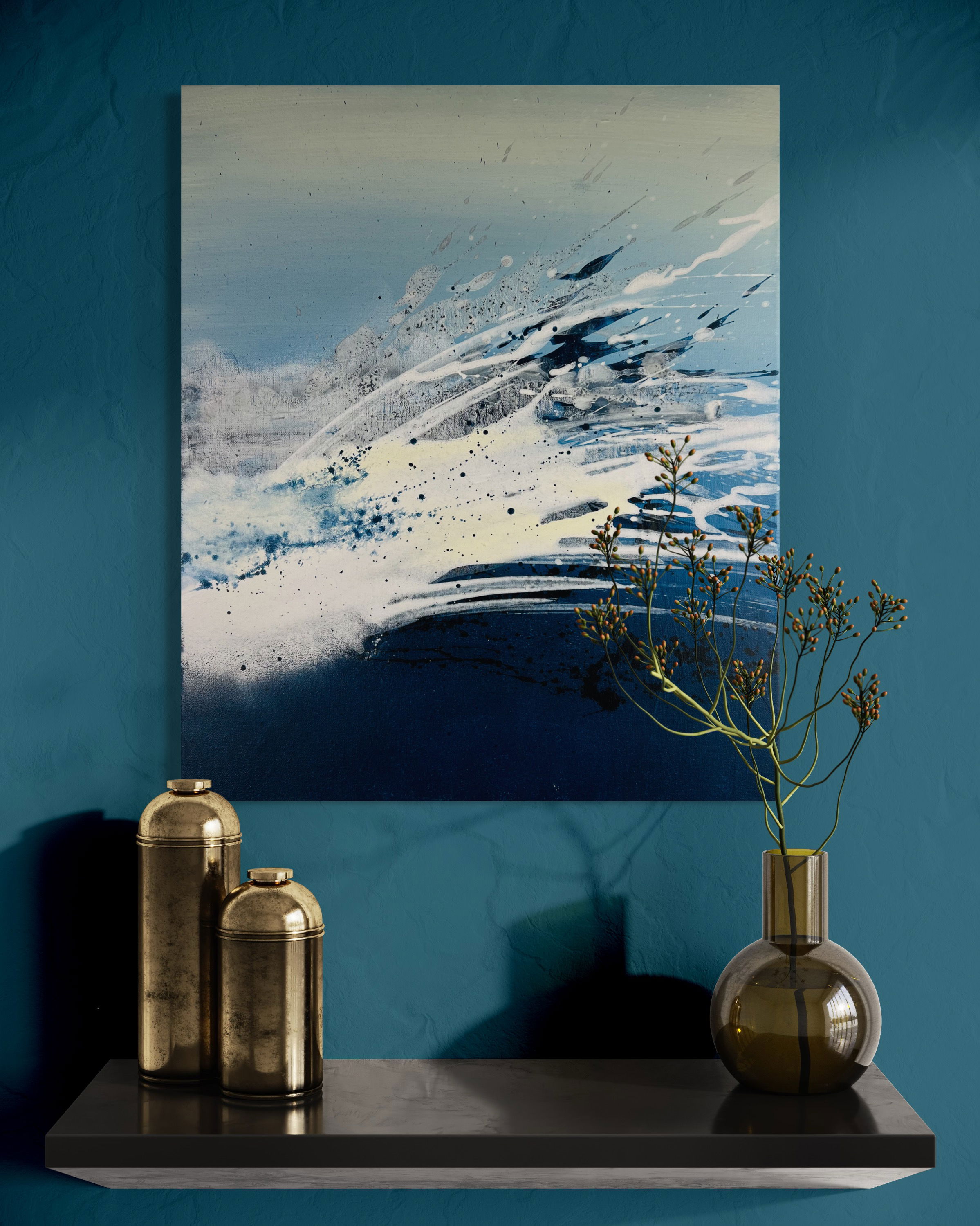 Abstract acrylic painting on canvas, featuring dynamic blue and white splashes with fluid motion and intensity, evoking waves and rhythmic energy. Artwork style is Abstrakt and technique Acryl auf Leinwand.