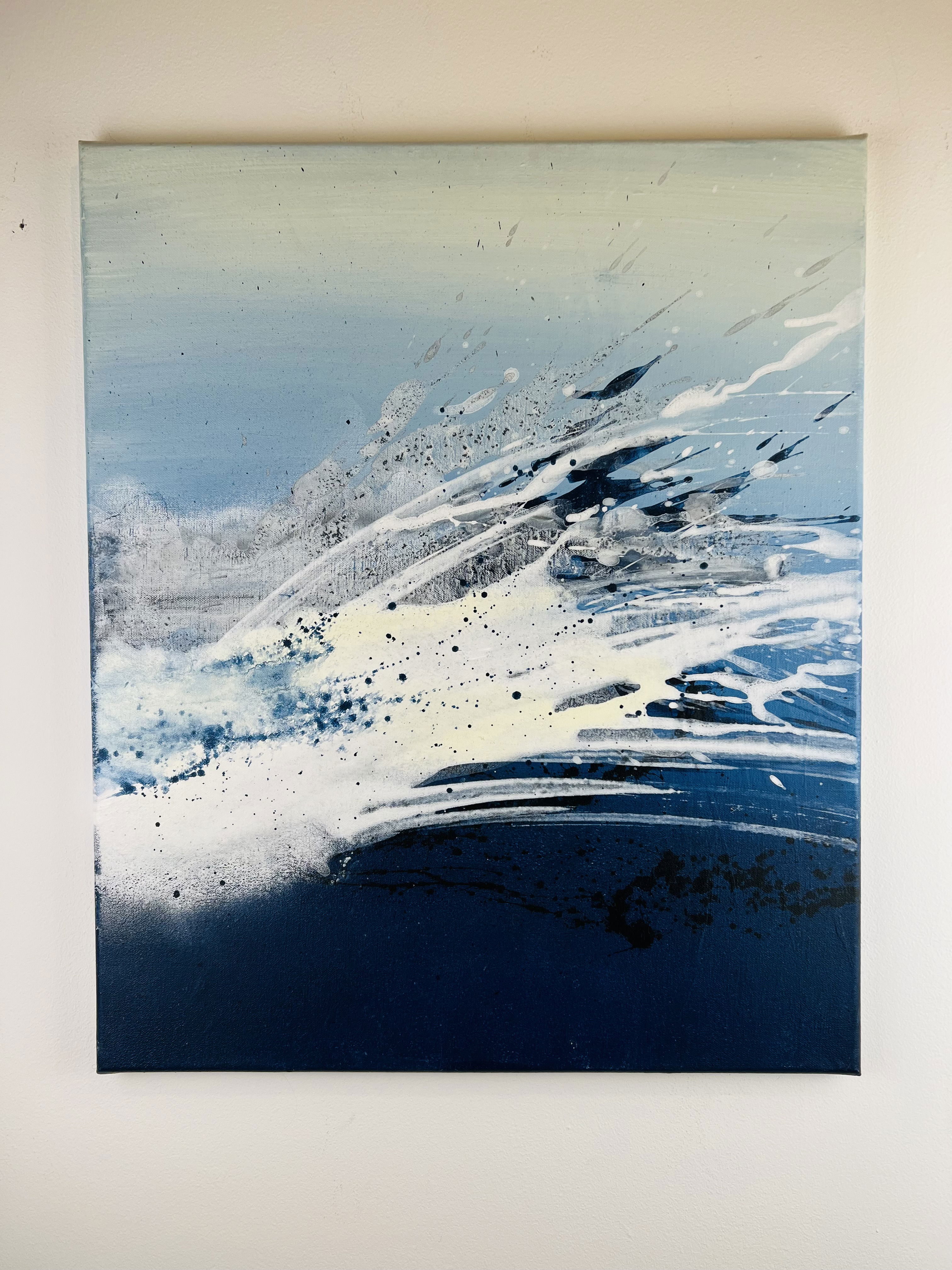 A dynamic abstract acrylic painting on canvas, dominated by fluid blue and white splashes, conveying intense movement, energy, and the depth of an oceanic wave. Artwork style is Abstrakt and technique Acryl auf Leinwand.