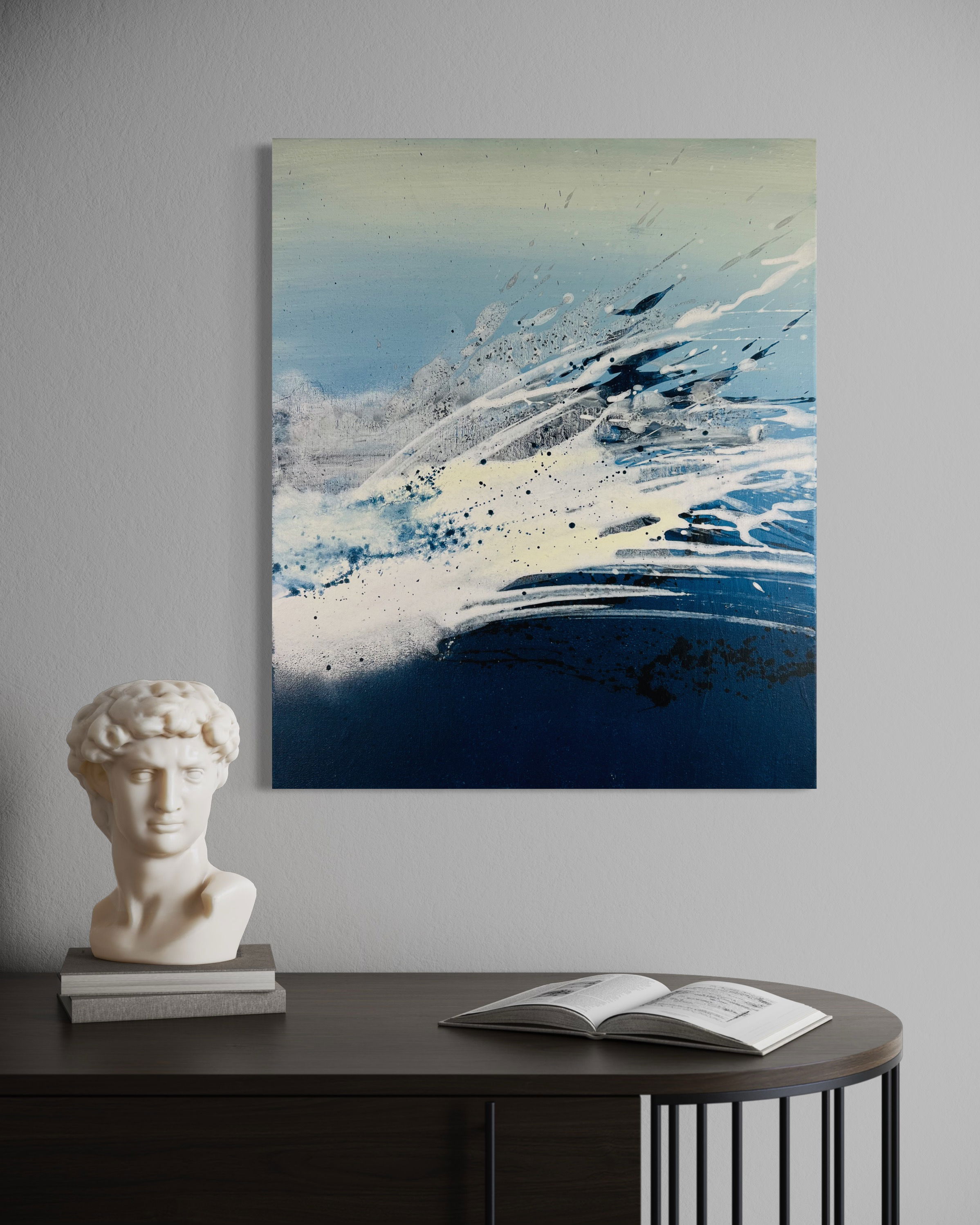 Dynamic acrylic abstract painting on canvas with blue and white splashes, evoking movement, fluidity, and energetic intensity against a textured backdrop. Artwork style is Abstrakt and technique Acryl auf Leinwand.