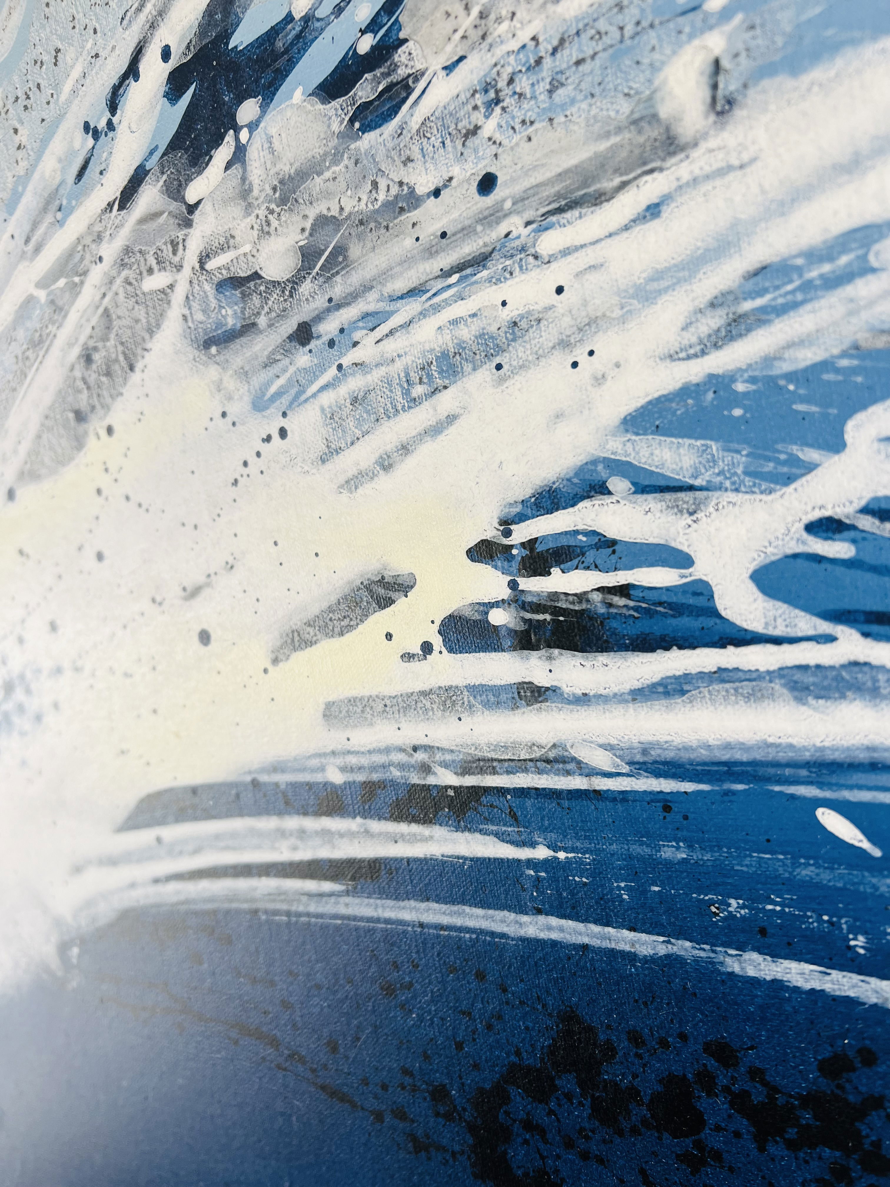 Dynamic abstract acrylic painting bursting with blue and white splashes, evoking a sense of fluidity, motion and intense energy. Artwork style is Abstrakt and technique Acryl auf Leinwand.