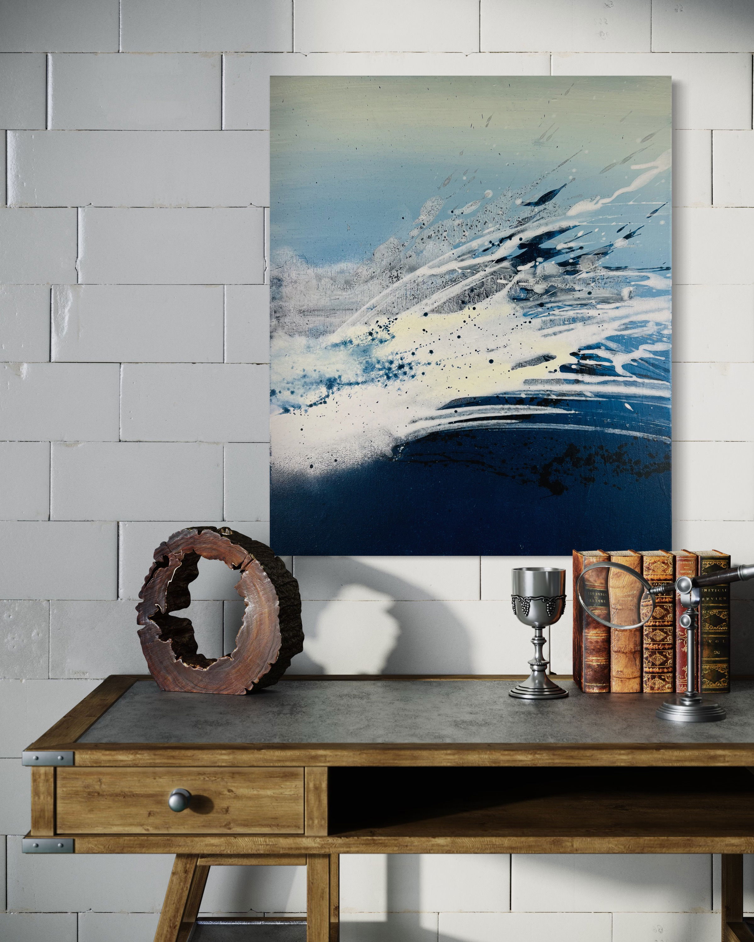 Dynamic abstract acrylic painting on canvas, showcasing a fluid, blue and white splash, evoking motion, intensity, and the relentless surge of ocean waves. Artwork style is Abstrakt and technique Acryl auf Leinwand.