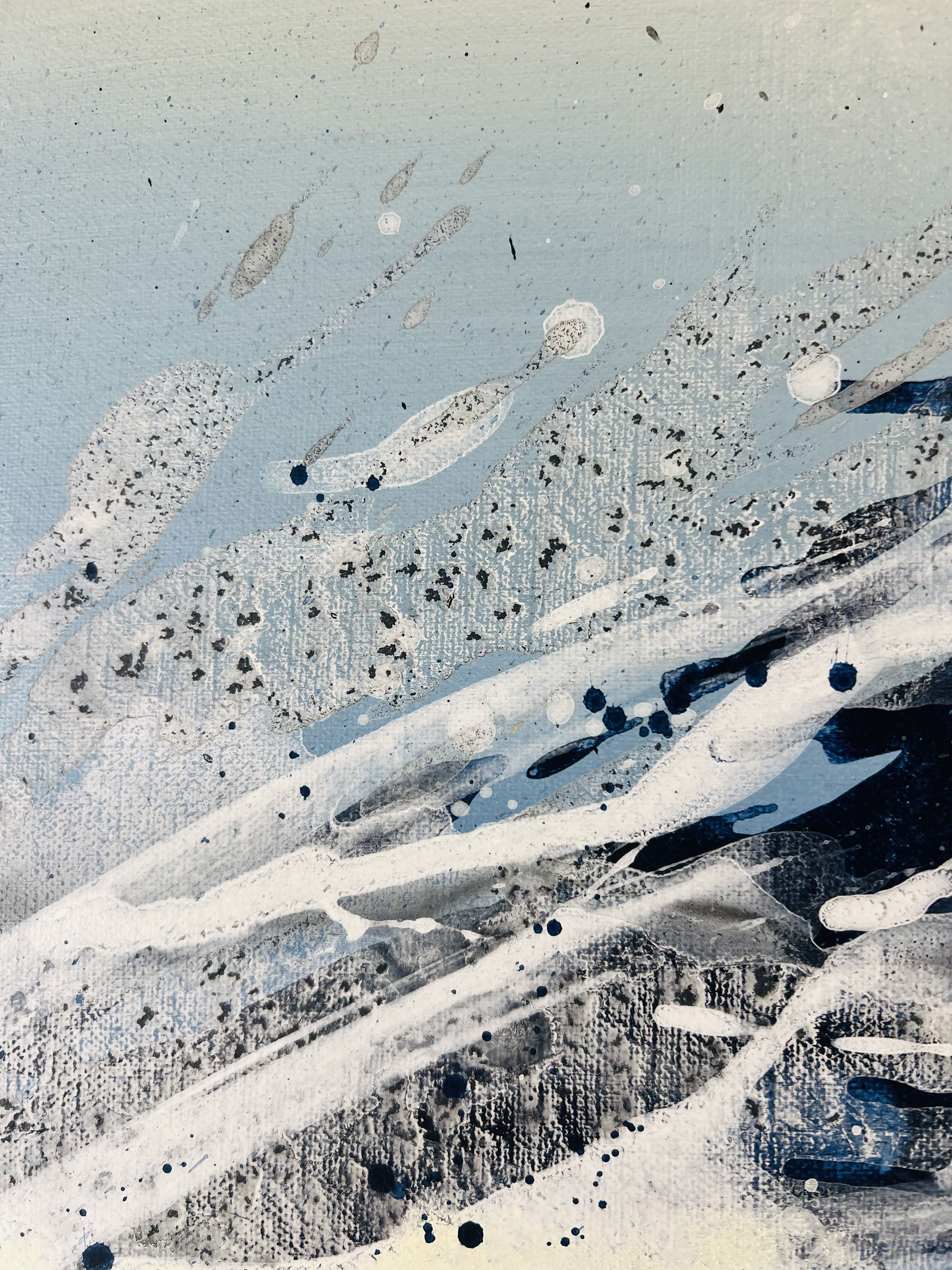 A dynamic abstract acrylic painting on canvas, featuring splashes of blue and white, embodying fluidity, motion, and intense energy with rhythmic texture. Artwork style is Abstrakt and technique Acryl auf Leinwand.