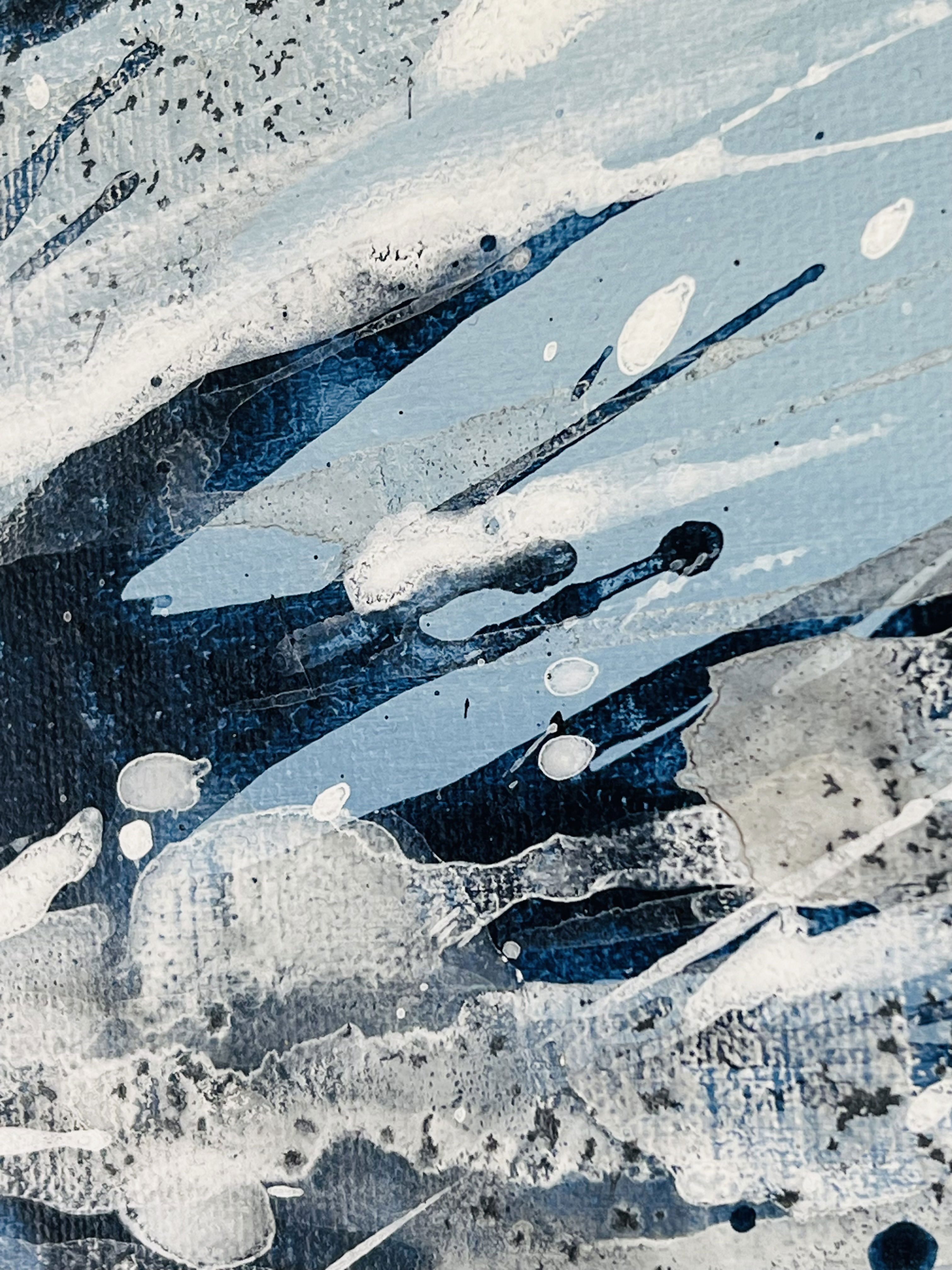 An abstract acrylic painting on canvas, showcasing a dynamic interplay of blue and white splashes that evoke movement, fluidity, and intense energy. Artwork style is Abstrakt and technique Acryl auf Leinwand.